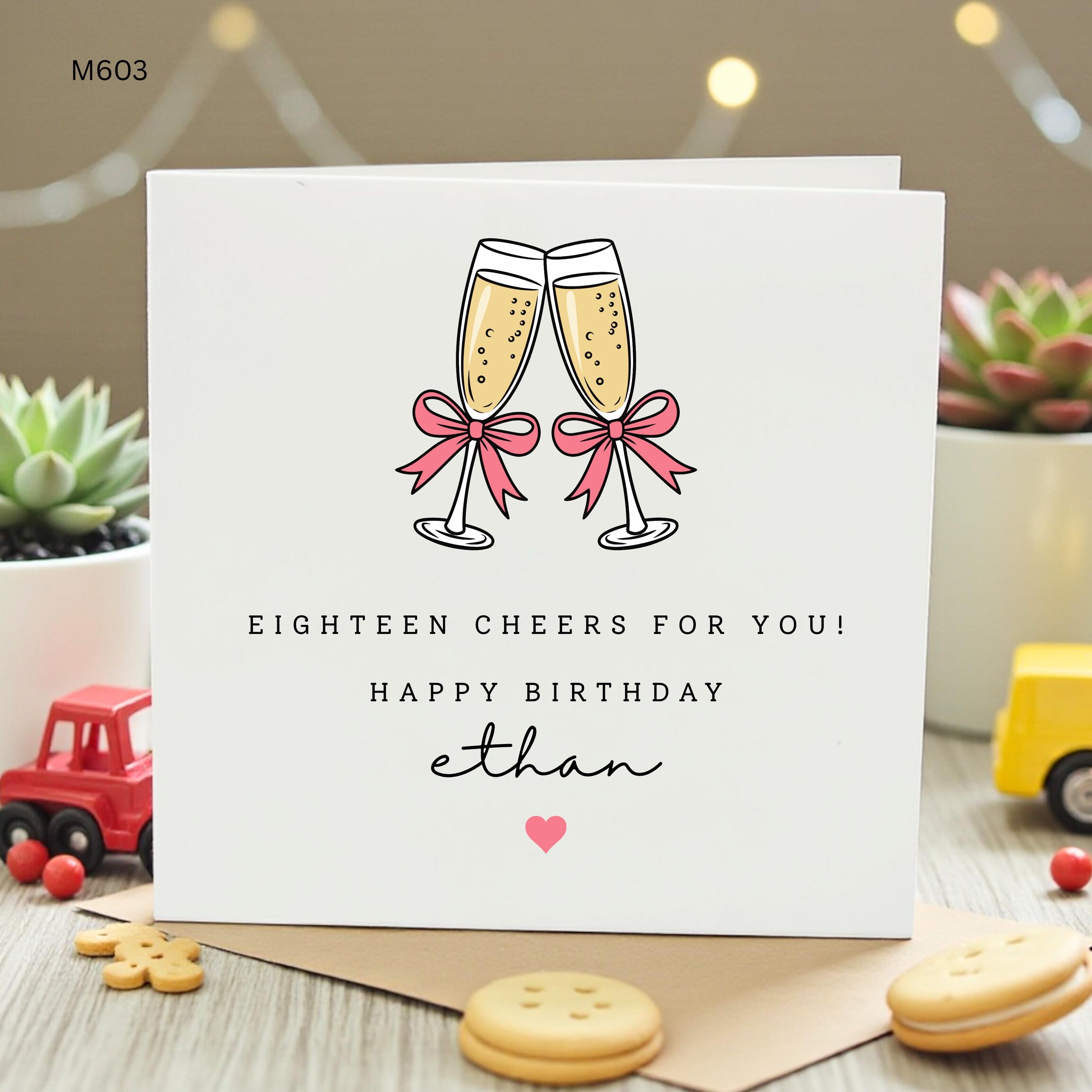 Personalized 18th Birthday Card for Ethan, Custom Eighteen Cheers Greeting Card, Cute Champagne Flutes with Bows for Son Friend Gift
