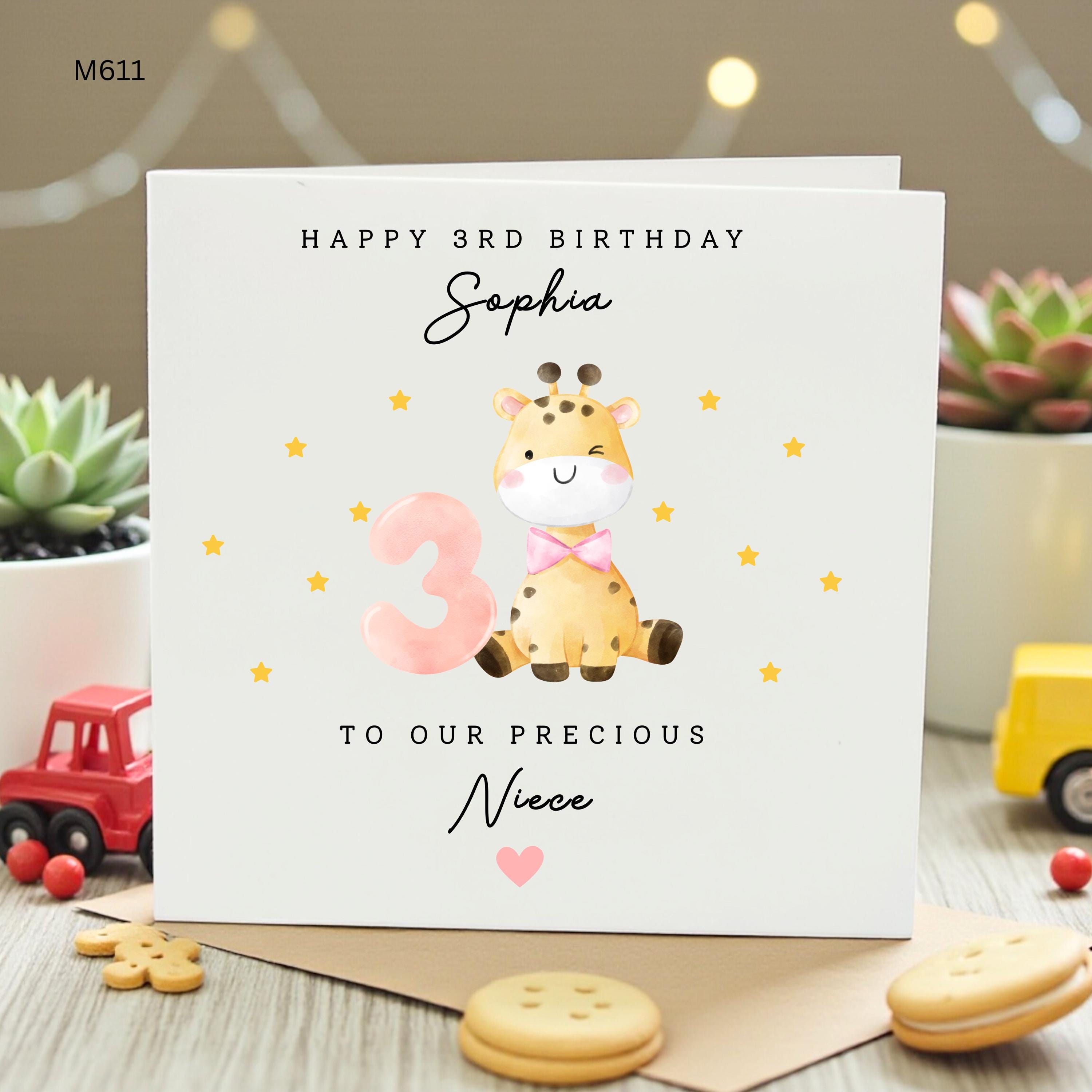 Personalized 3rd Birthday Card for Niece, Cute Giraffe Third Birthday Card Daughter, Custom Toddler Birthday Gift for Girl, 3rd Bday