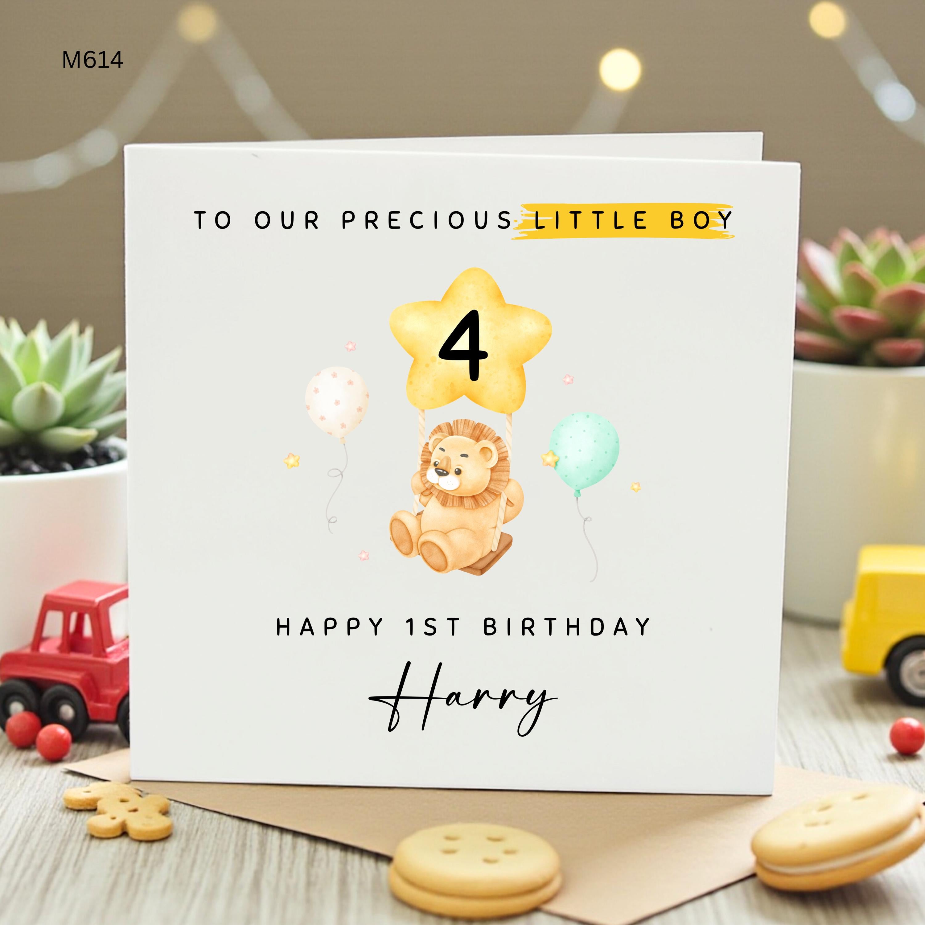 Personalized 4th Birthday Card for Boy, Cute Lion Fourth Birthday Card for Son Grandson, Custom Name Card Little Boy 4th Birthday