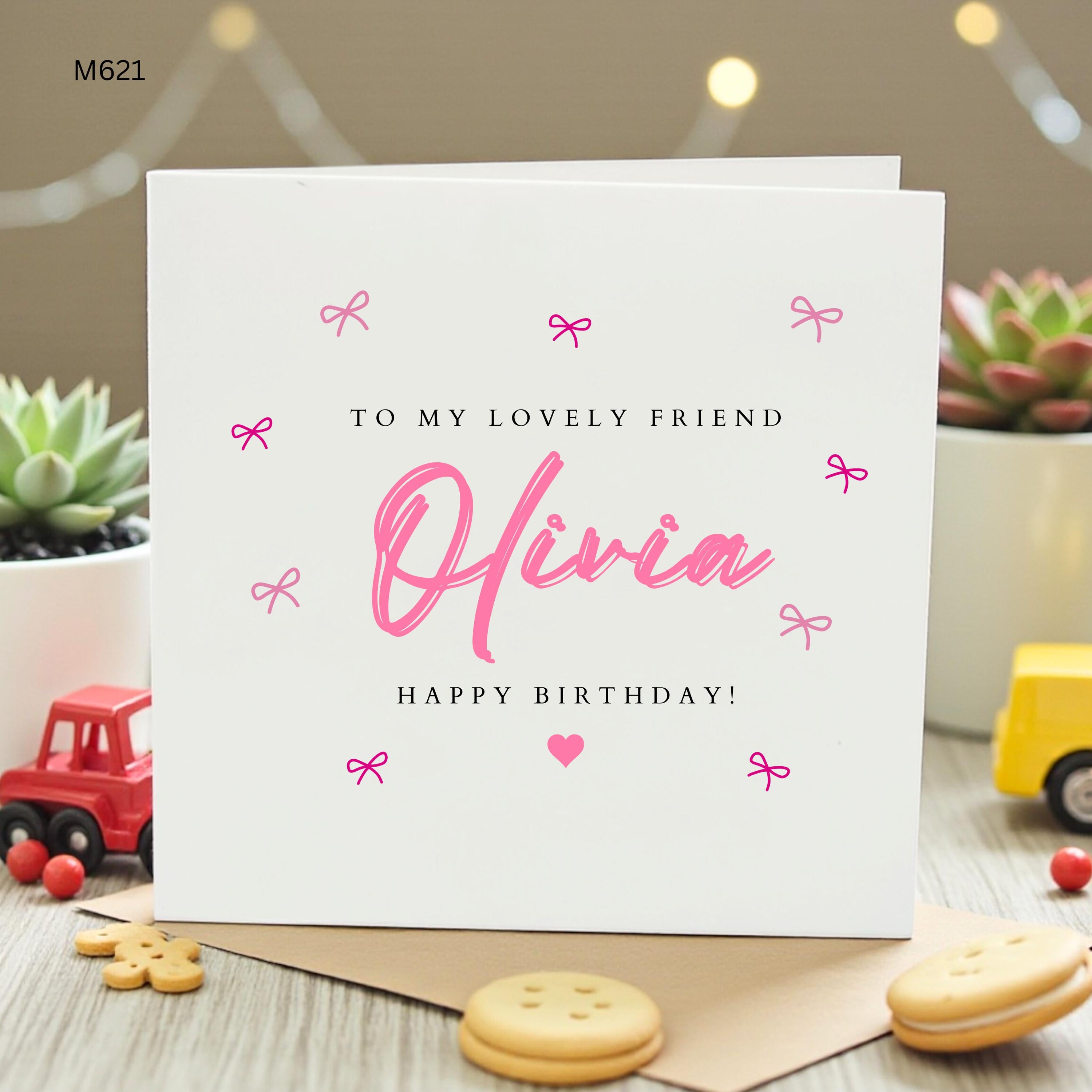 Personalized Birthday Card for Olivia Cute Pink Bow Friend Card Custom Best Friend Greeting Card Elegant Name Card Personalized Gift for Her