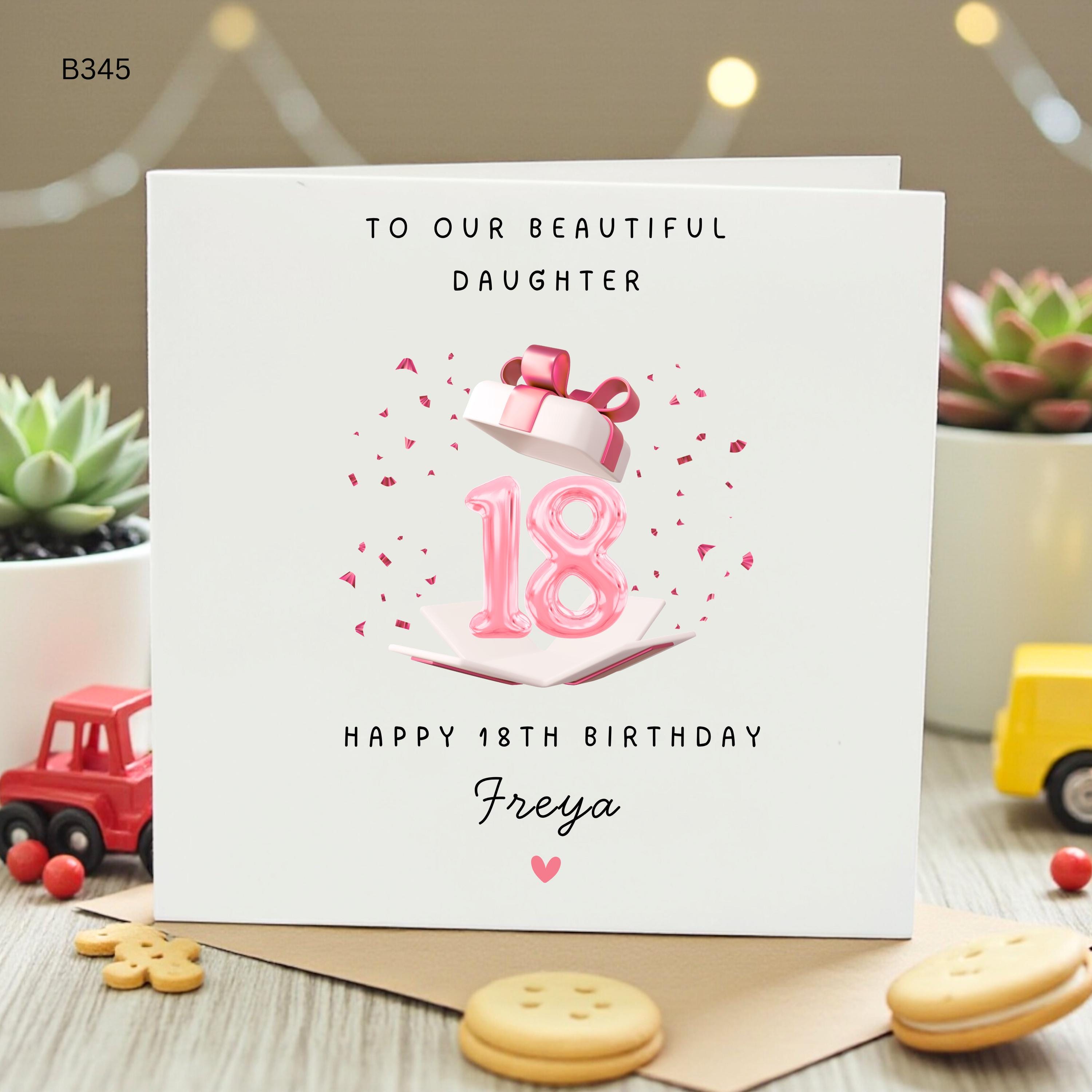 Personalized 18th Birthday Card for Daughter, Custom Name Happy 18th Birthday Pink Balloon Card for Her, Milestone Teenage Girl Card