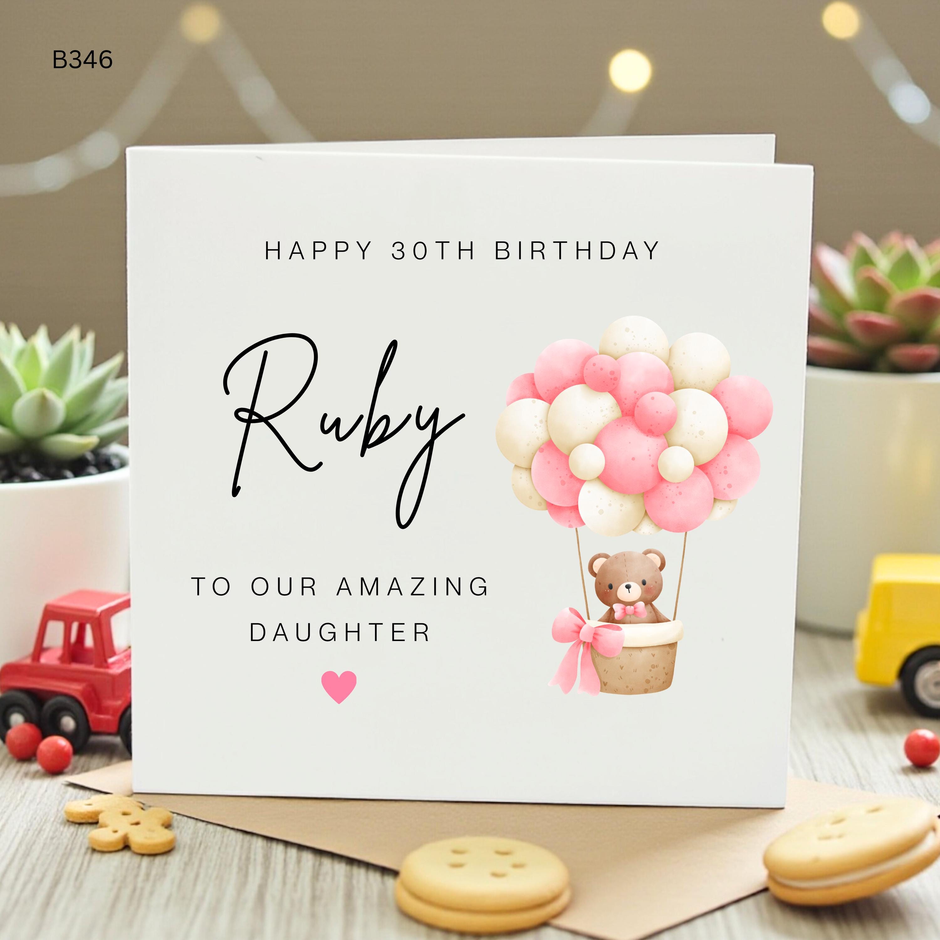 Personalized 30th Birthday Card for Daughter, Custom Name Happy 30th Birthday Teddy Bear Hot Air Balloon Card for Her, Milestone Sister Card
