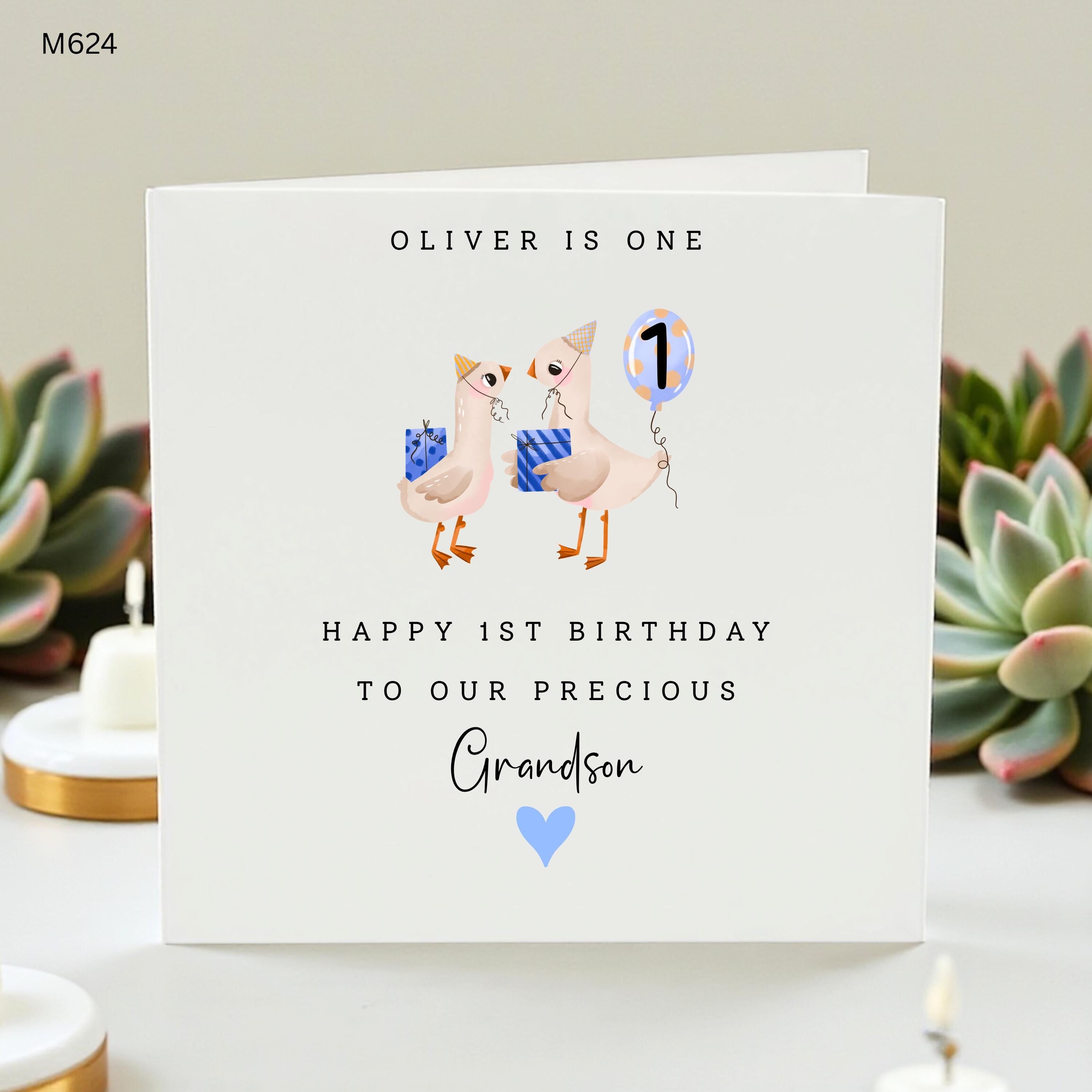 Personalized 1st Birthday Card for Grandson Custom Name Oliver is One Birthday Card from Grandparents Cute Duckling Illustration Card Boy