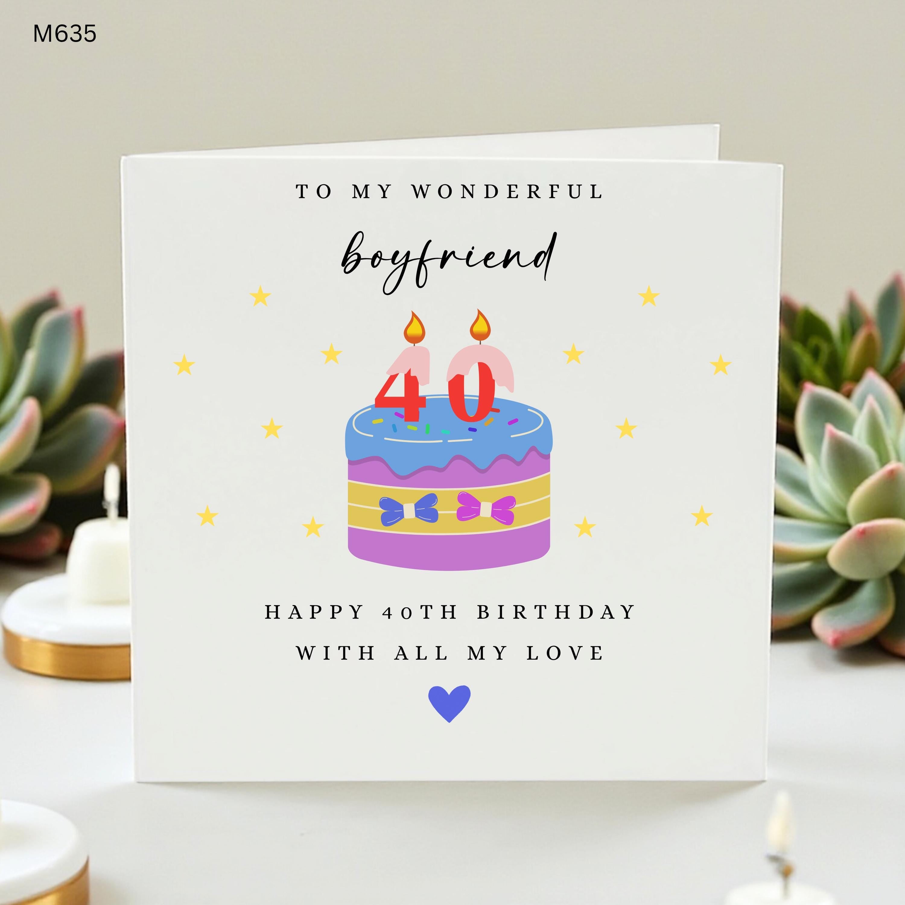 Boyfriend 40th Birthday Card, Happy 40 Birthday Card for Him, Personalised Milestone Card, Wonderful Boyfriend Gift, Cute Birthday Cake