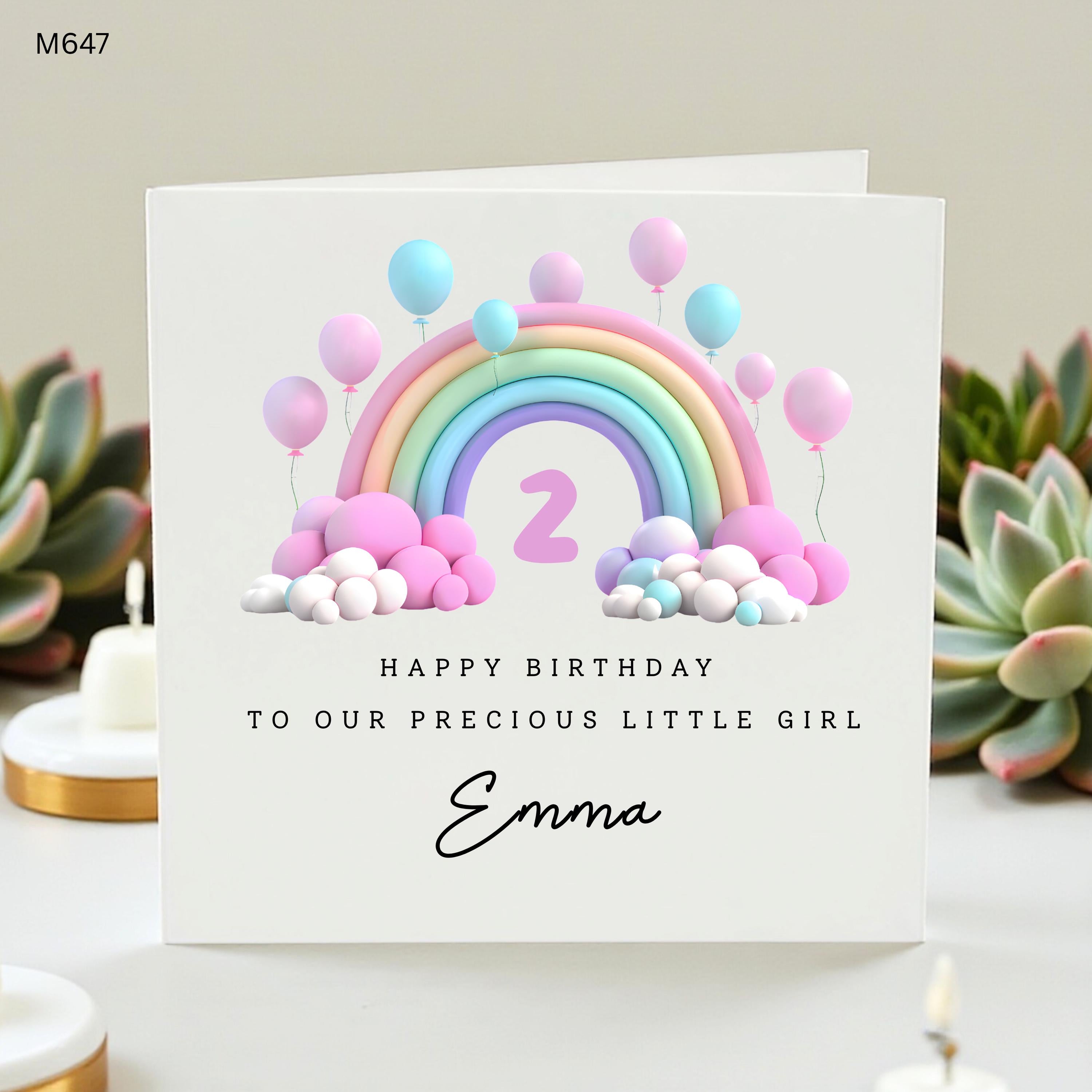 Personalised 2nd Birthday Card Girl, Custom Name Card Emma, Pastel Rainbow Card, Second Birthday Card Daughter, Precious Little Girl Card
