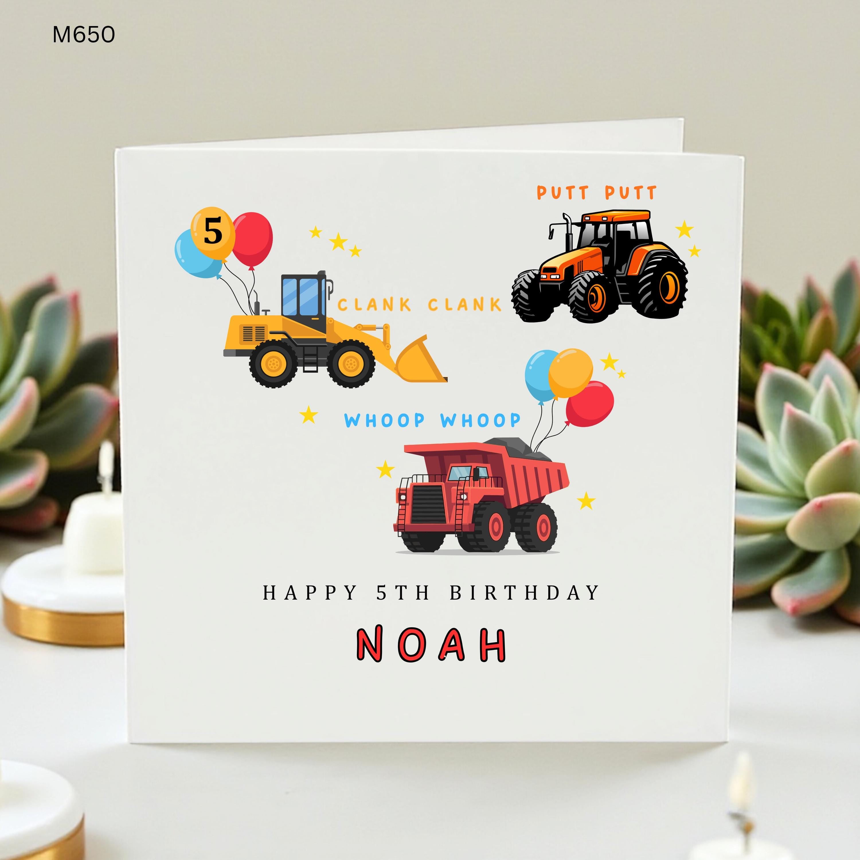 Personalised 5th Birthday Card Boy, Custom Name Noah, Construction Digger Tractor Card, Fifth Birthday Card Son, Dump Truck Card Boys