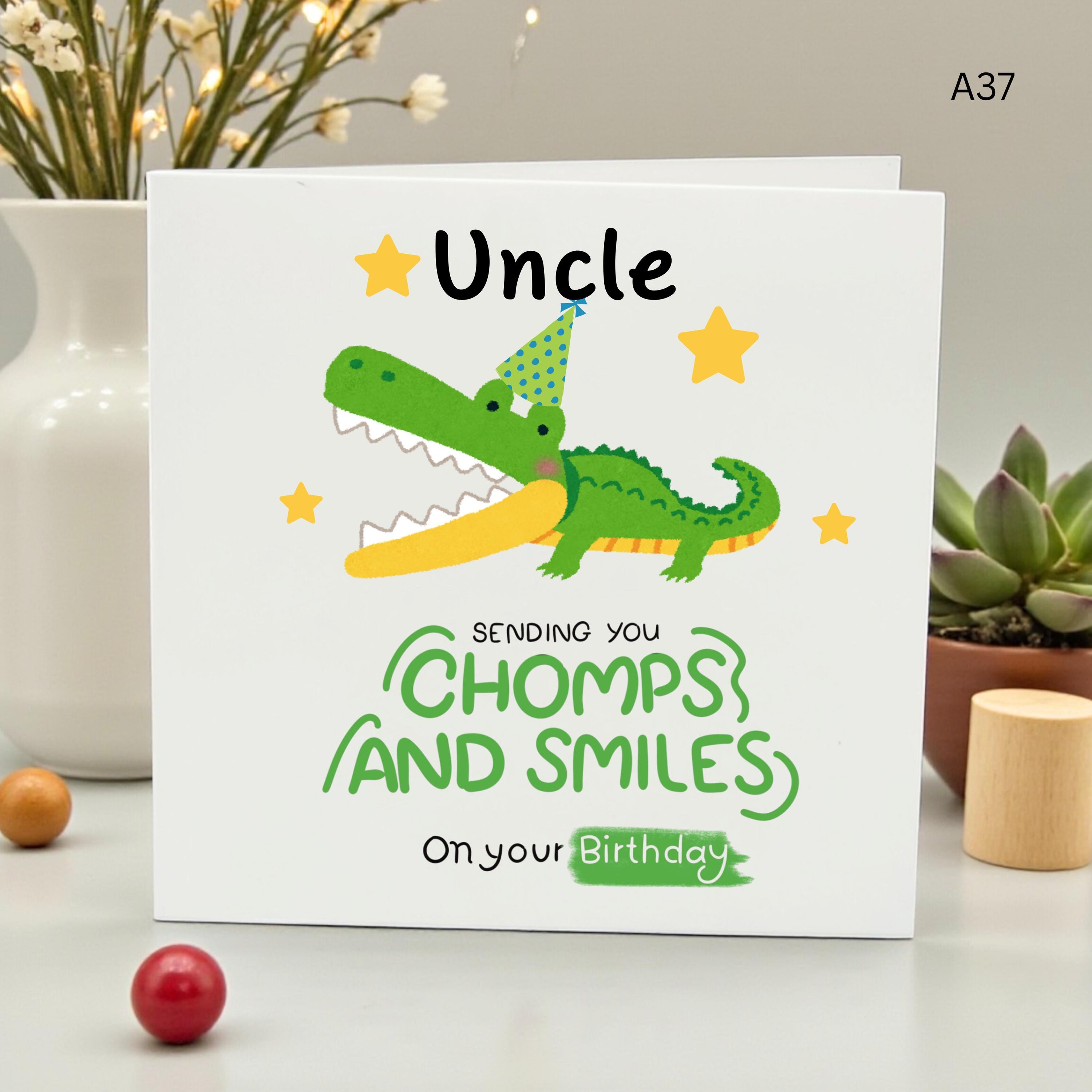 Happy Birthday Card for Uncle, Cute Crocodile Birthday Gift, Fun Alligator Greeting Card from Niece Nephew, Chomps and Smiles Card,