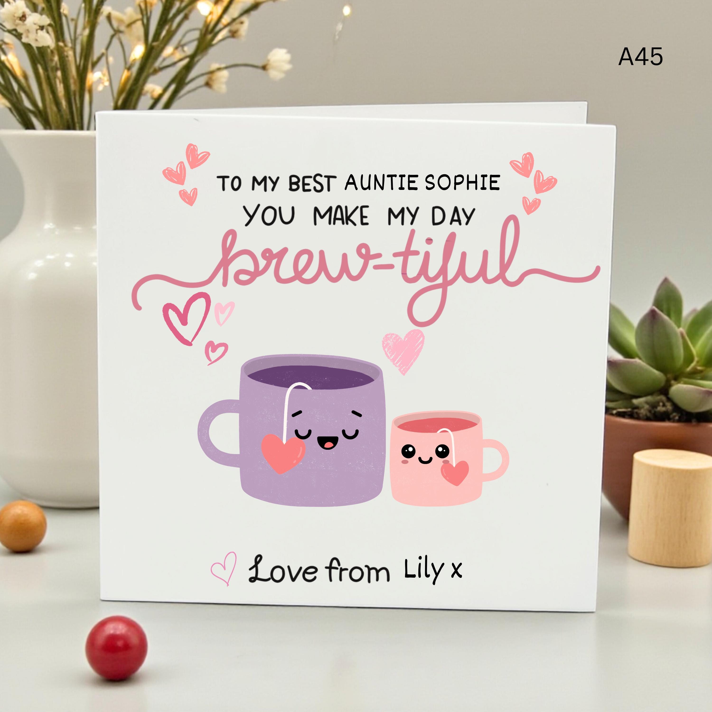 Personalized Auntie Birthday Card, You Make My Day Brew-tiful Cute Tea Pun Greeting Card for Aunt, Custom Name Tea Lover Card For Her