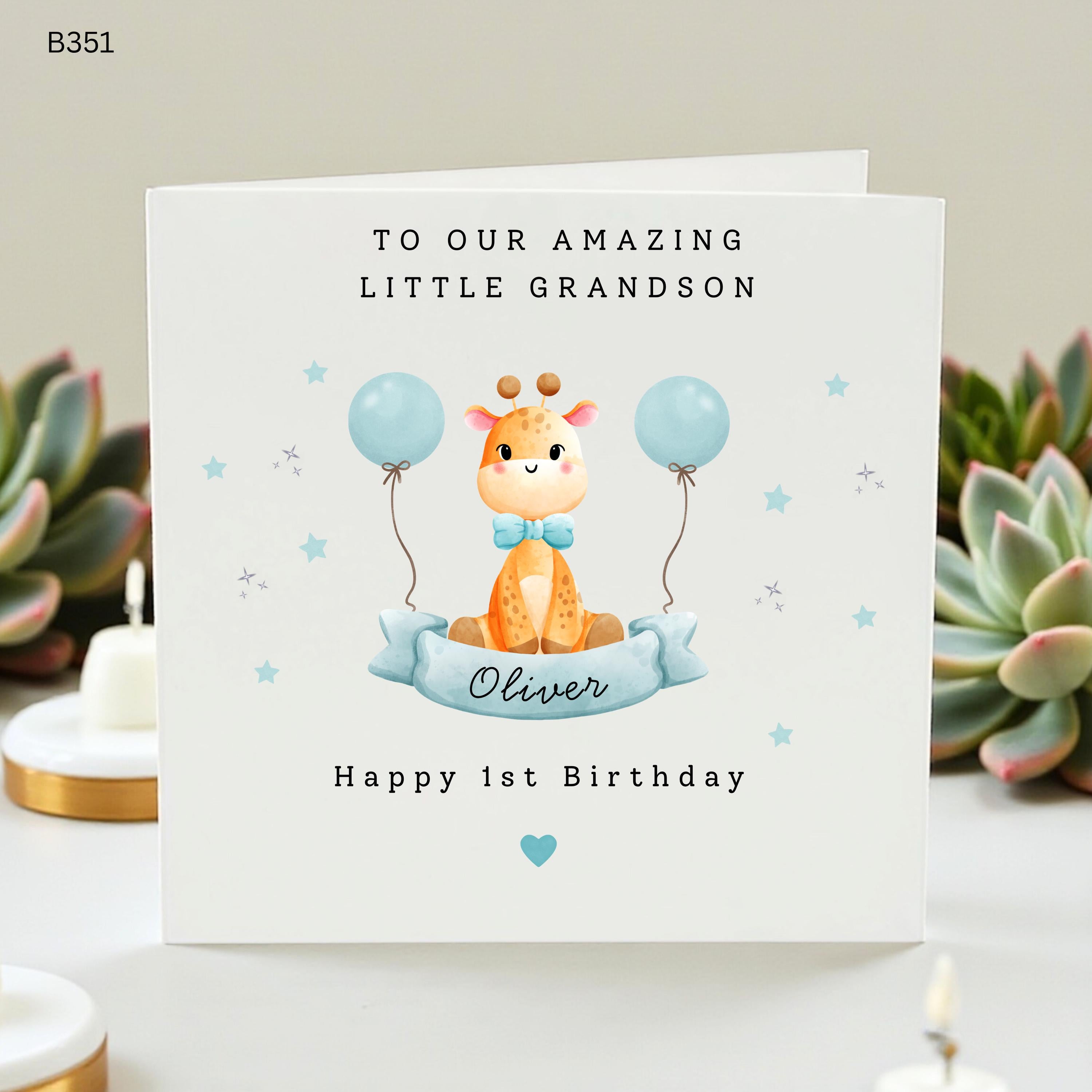 Personalized 1st Birthday Card Grandson Oliver Custom First Birthday Cards for Boy Cute Giraffe Watercolor Blue Balloons Card