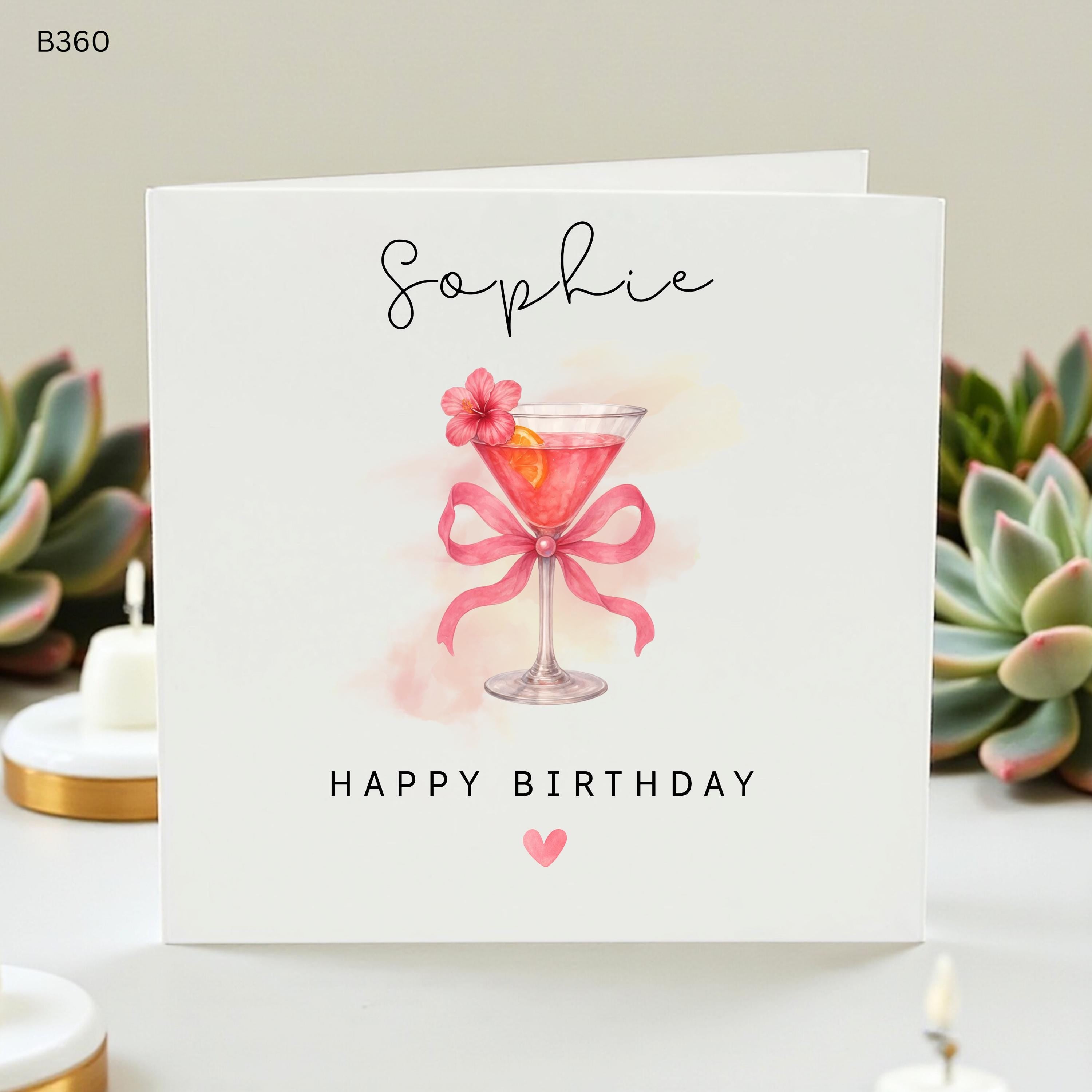 Personalized Birthday Card for Her Custom Cocktail Birthday Cards Daughter Friend Sister Wife Pink Martini Glass Bow Card