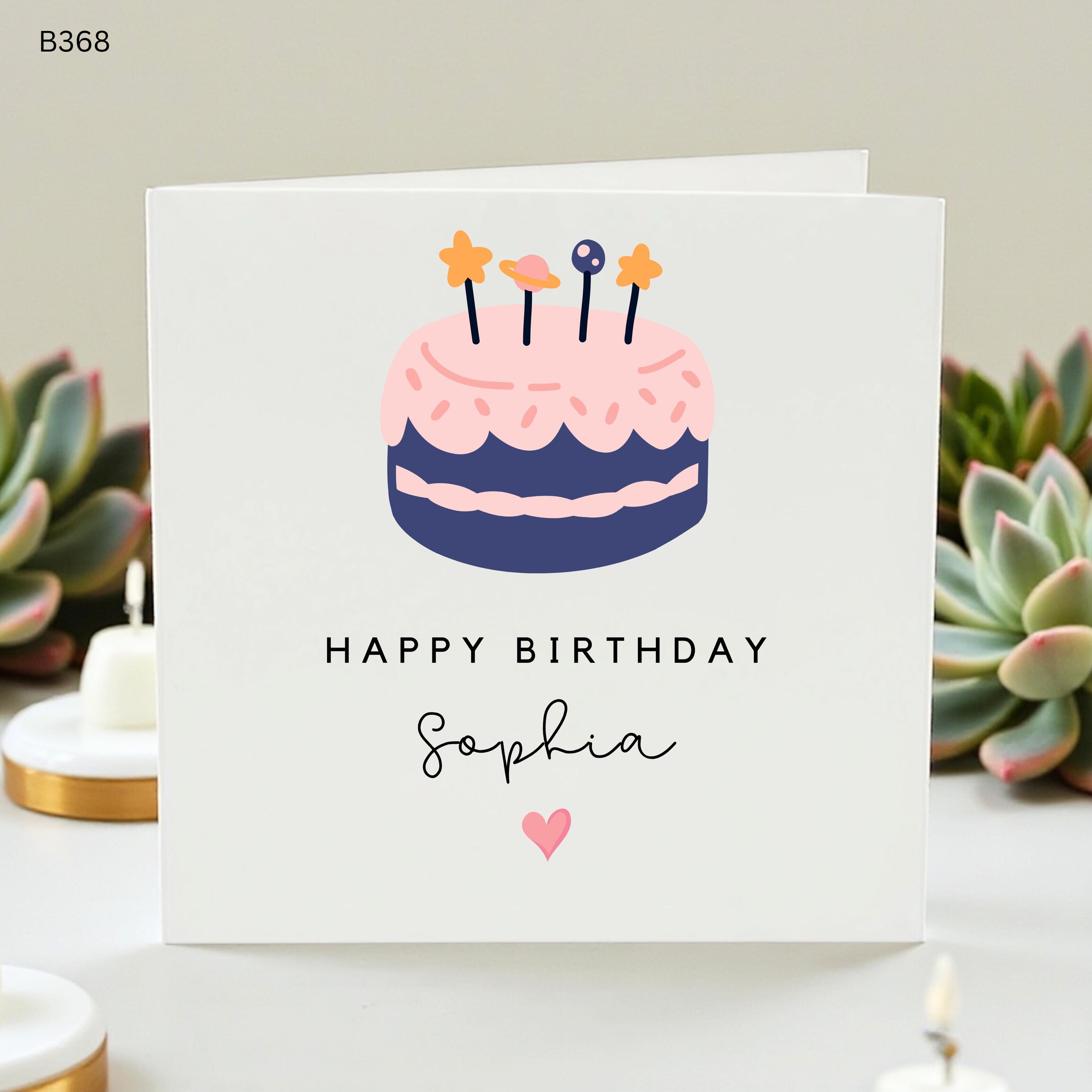 Personalized Birthday Card for , Cute Outer Space Planet and Star Topper Cake Custom Name Card for Her, Kids Galaxy Happy Birthday
