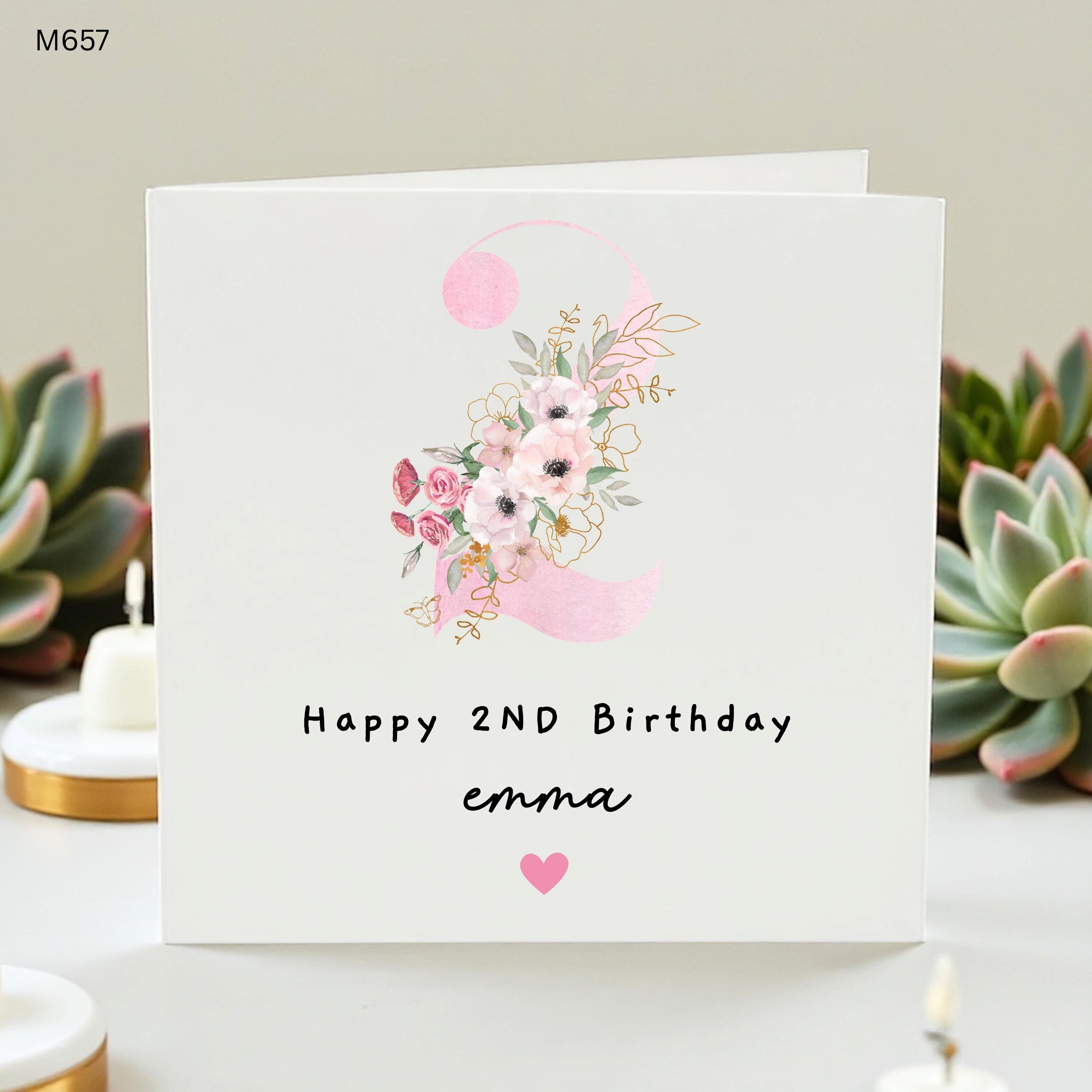 Personalized Daughter 2nd Birthday Card | Custom Floral Number 2 Card for Emma | Watercolor Flower Theme Girl Two Today Card with Heart