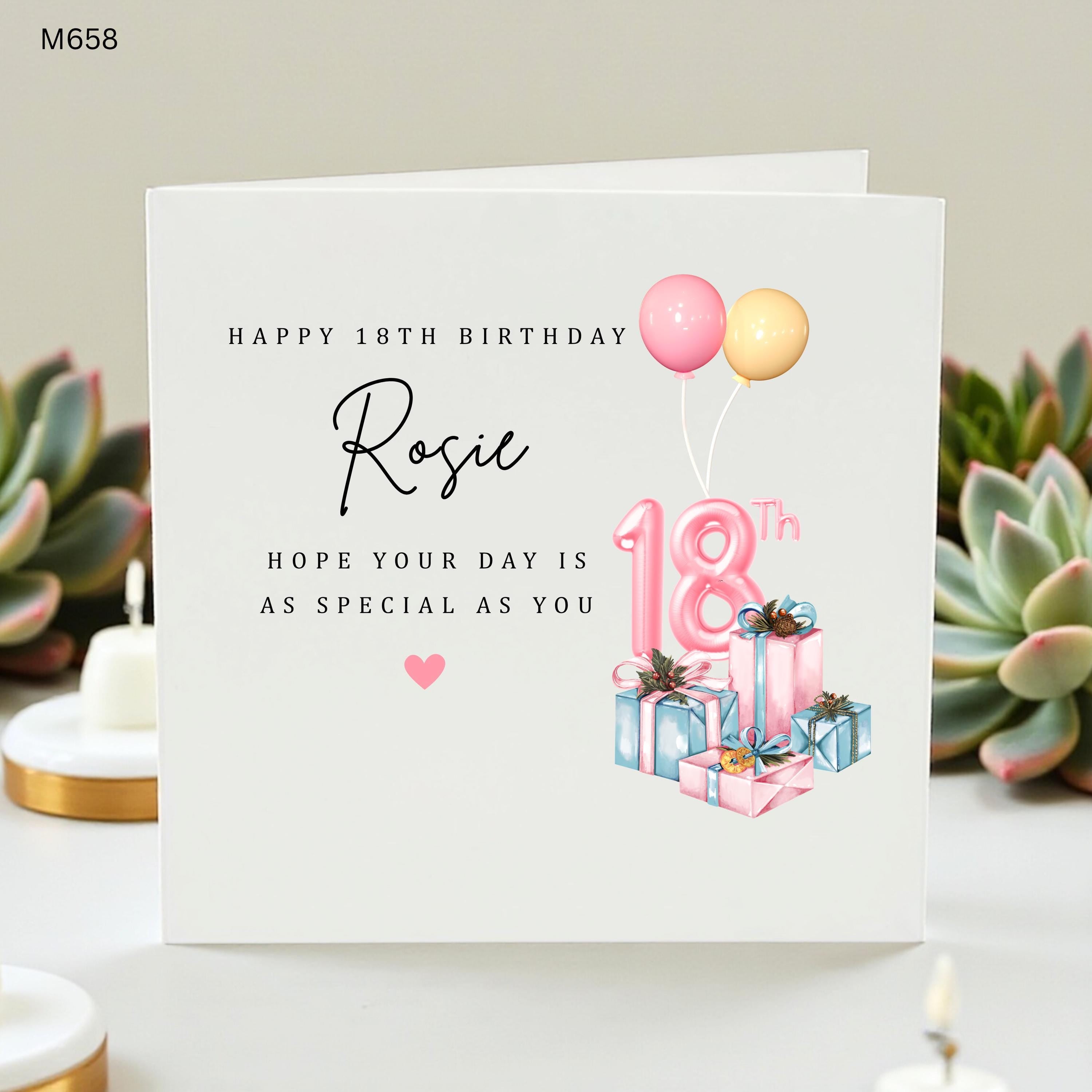 Personalized Daughter 18th Birthday Card | Custom Pink Gifts Card for | Cute Age 18 Milestone Card for Her with Balloons and Heart
