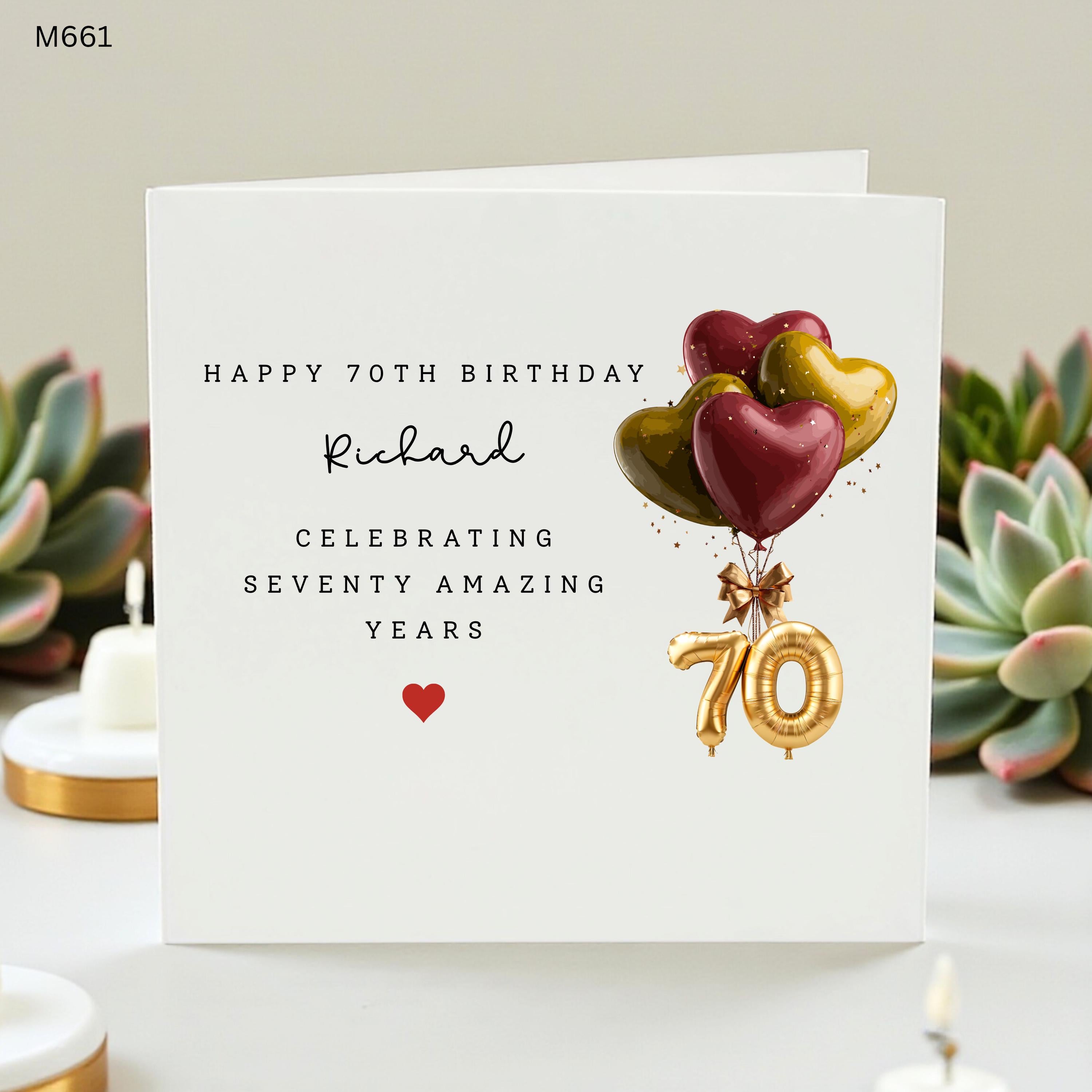 Personalized 70th Birthday Card for Him | Custom Name 70 Amazing Years Greeting Card | Elegant Gold and Burgundy Balloon Milestone Card