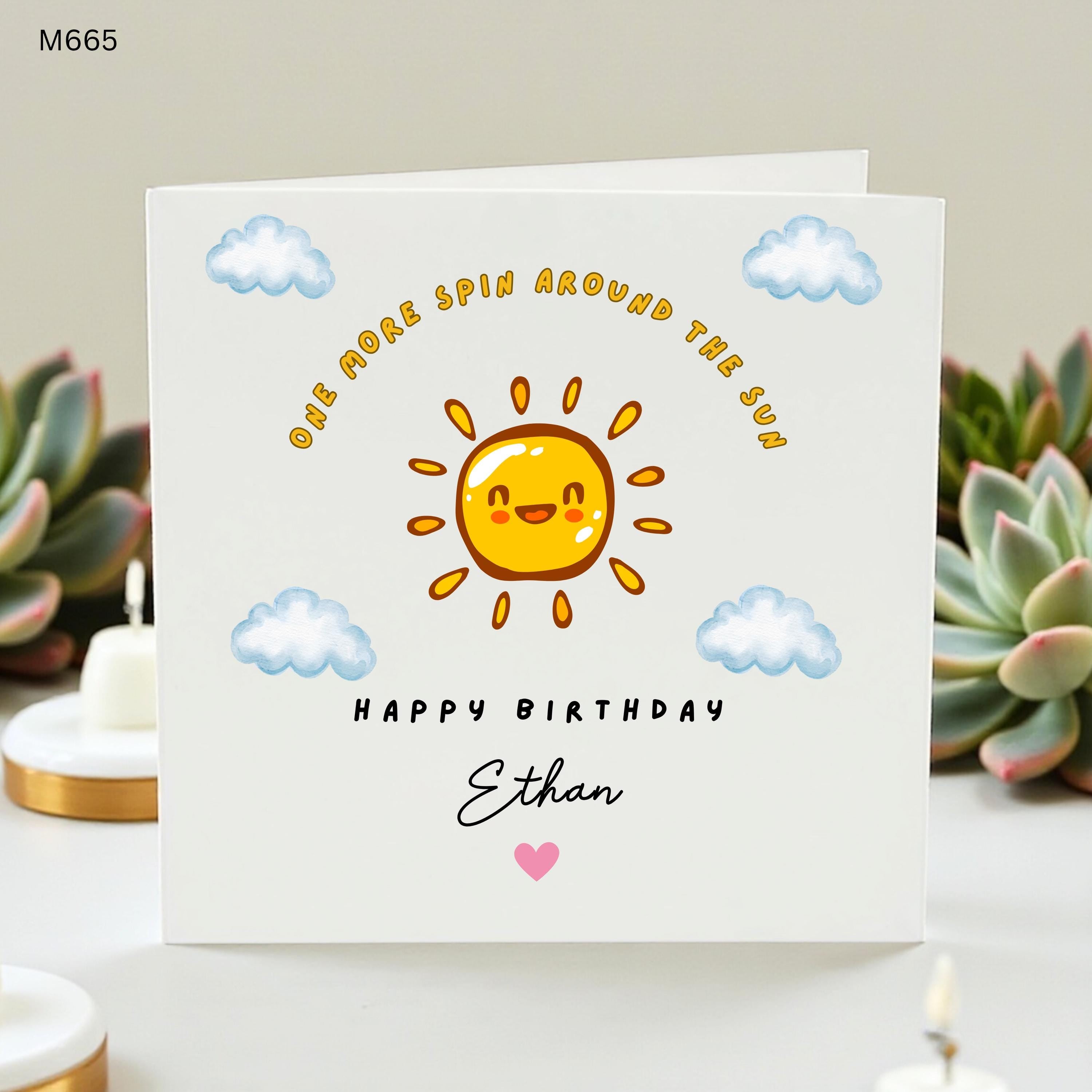 Personalized Birthday Card One More Spin Around the Sun, Custom Name Cute Sun Greeting Card for Kids Him Her, Sunshine Birthday Card