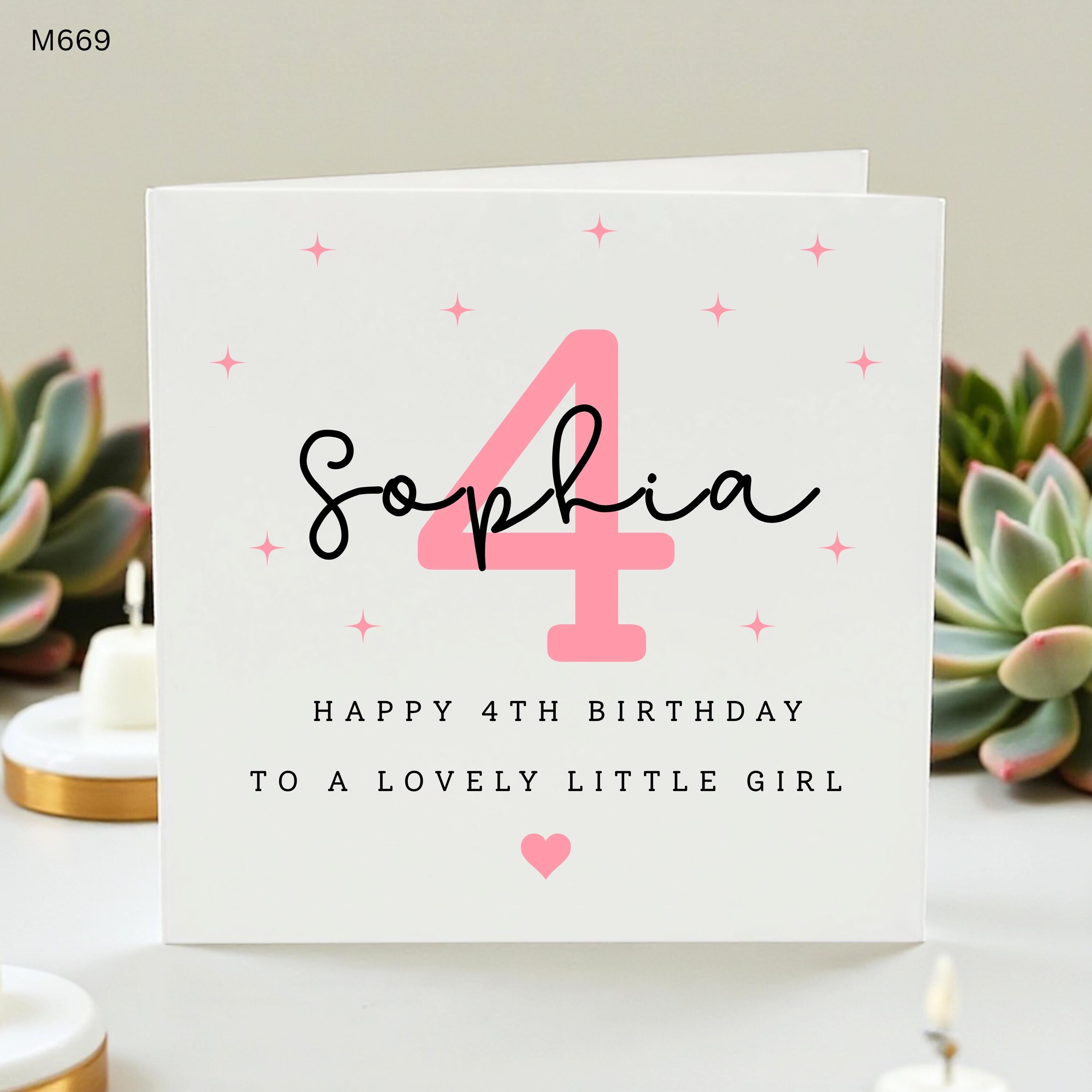 Personalized 4th Birthday Card for Girl, Custom Name Lovely Little Girl Age 4 Greeting Card, Cute Pink Sparkle Card for Daughter