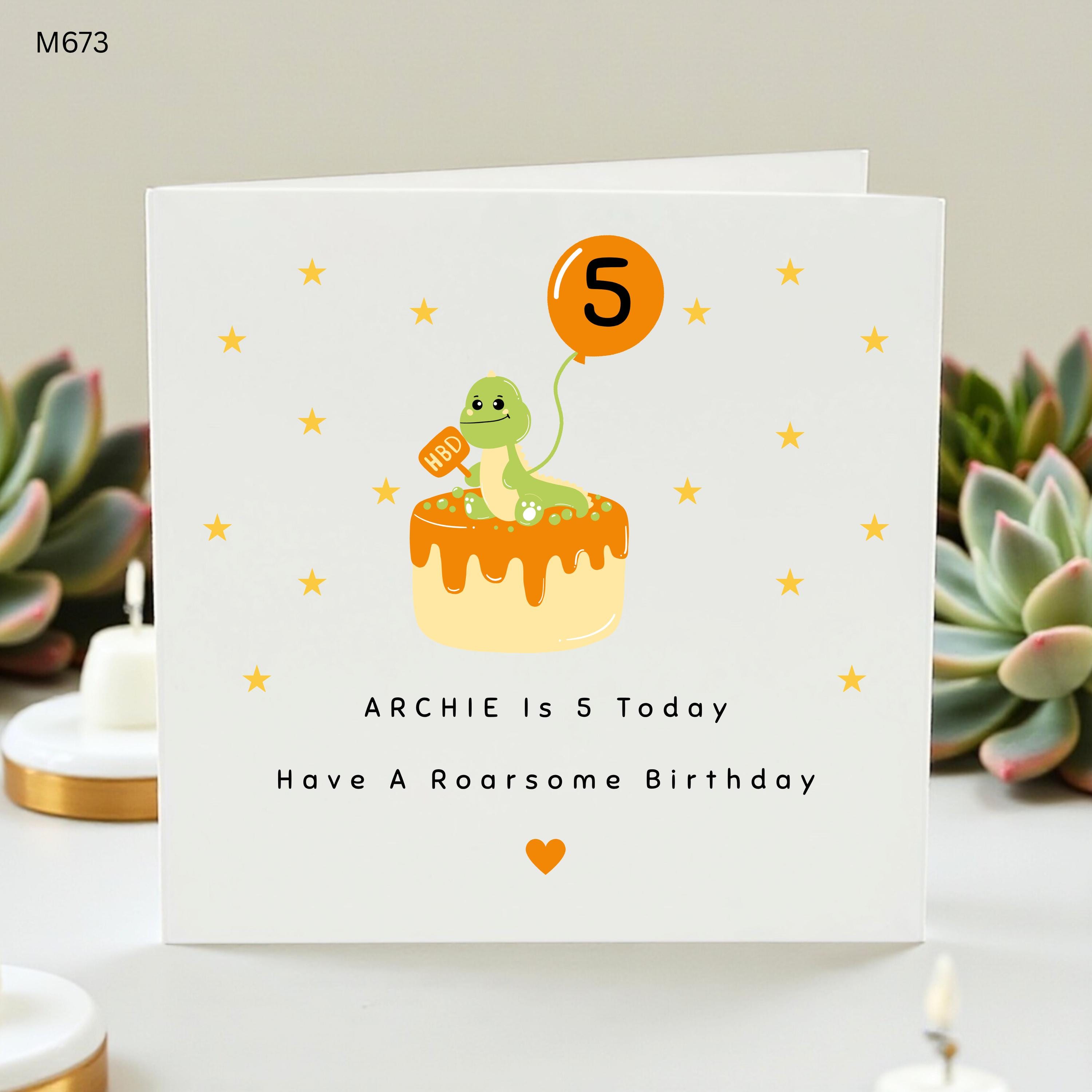 Personalised 5th Birthday Card for Son, Is 5 Today Dinosaur Card, Cute Roarsome Fifth Birthday Card Grandson, Nephew Dino Card