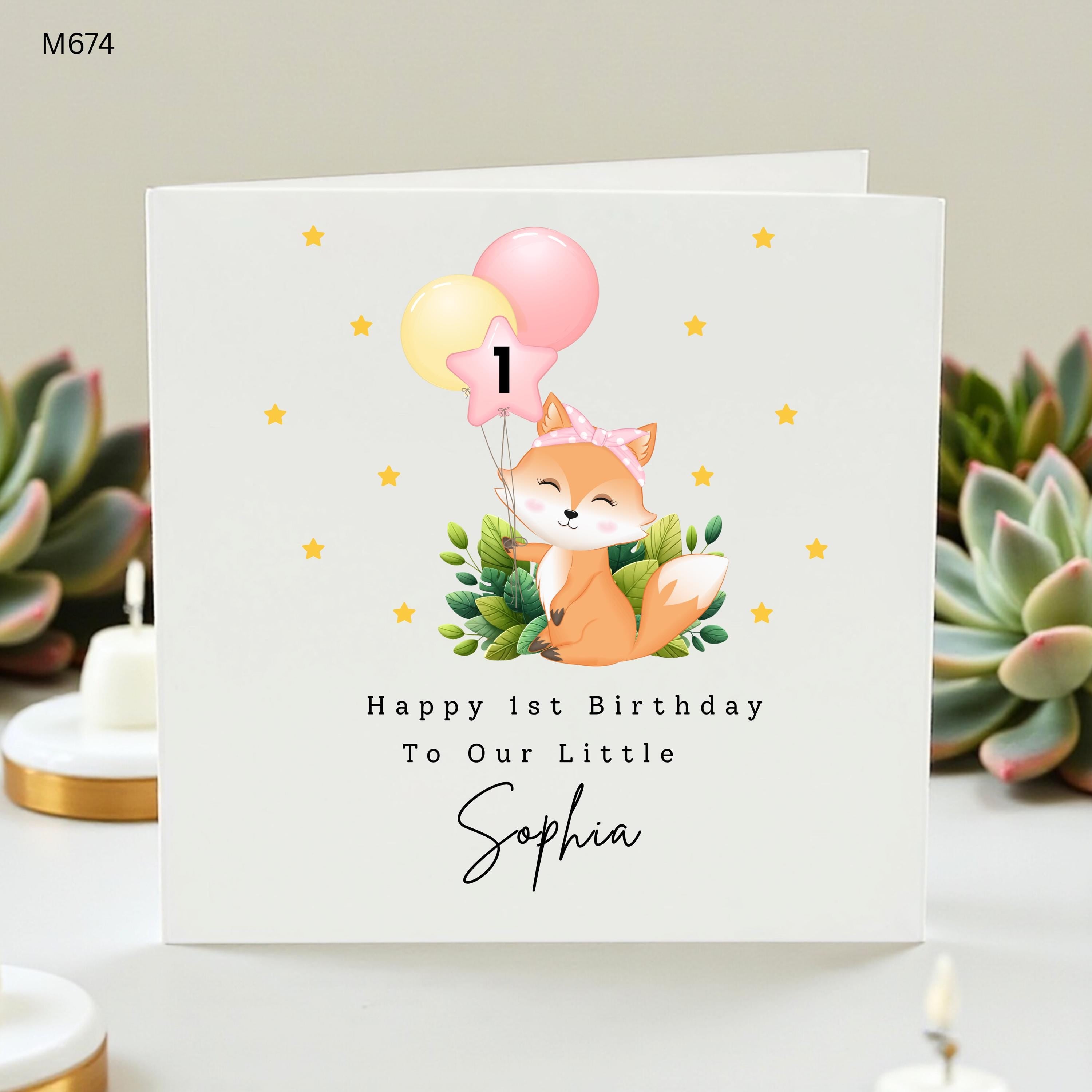 Personalised 1st Birthday Card for Daughter, Cute Fox First Birthday Card Sophia, Woodland Animals Card Granddaughter, Niece Pink Card