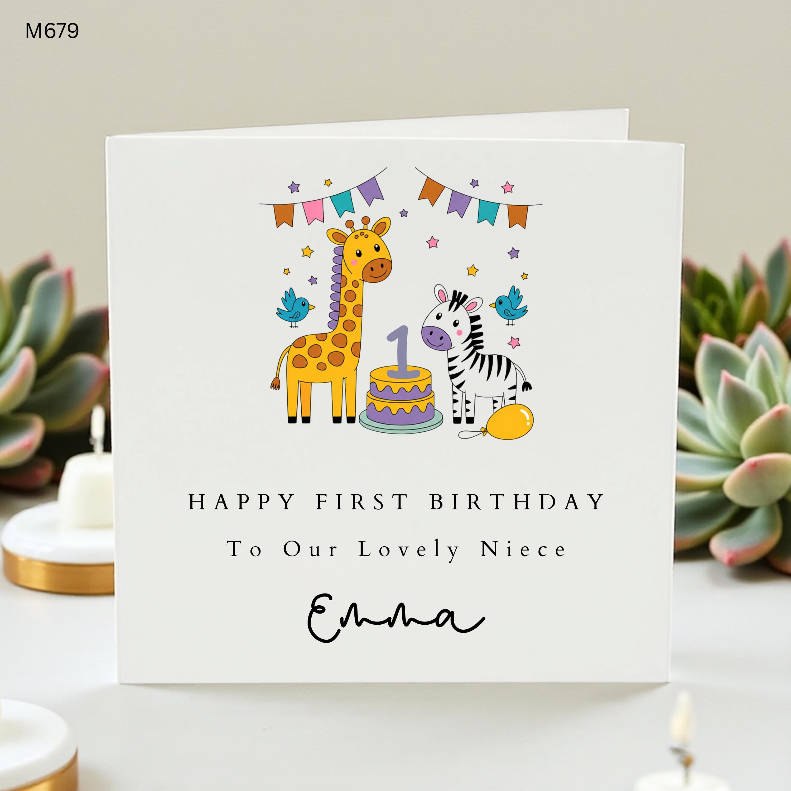 Personalized 1st Birthday Card for Niece , Custom Name Safari Animal First Birthday Card for Girl, Cute Giraffe Zebra Theme Card