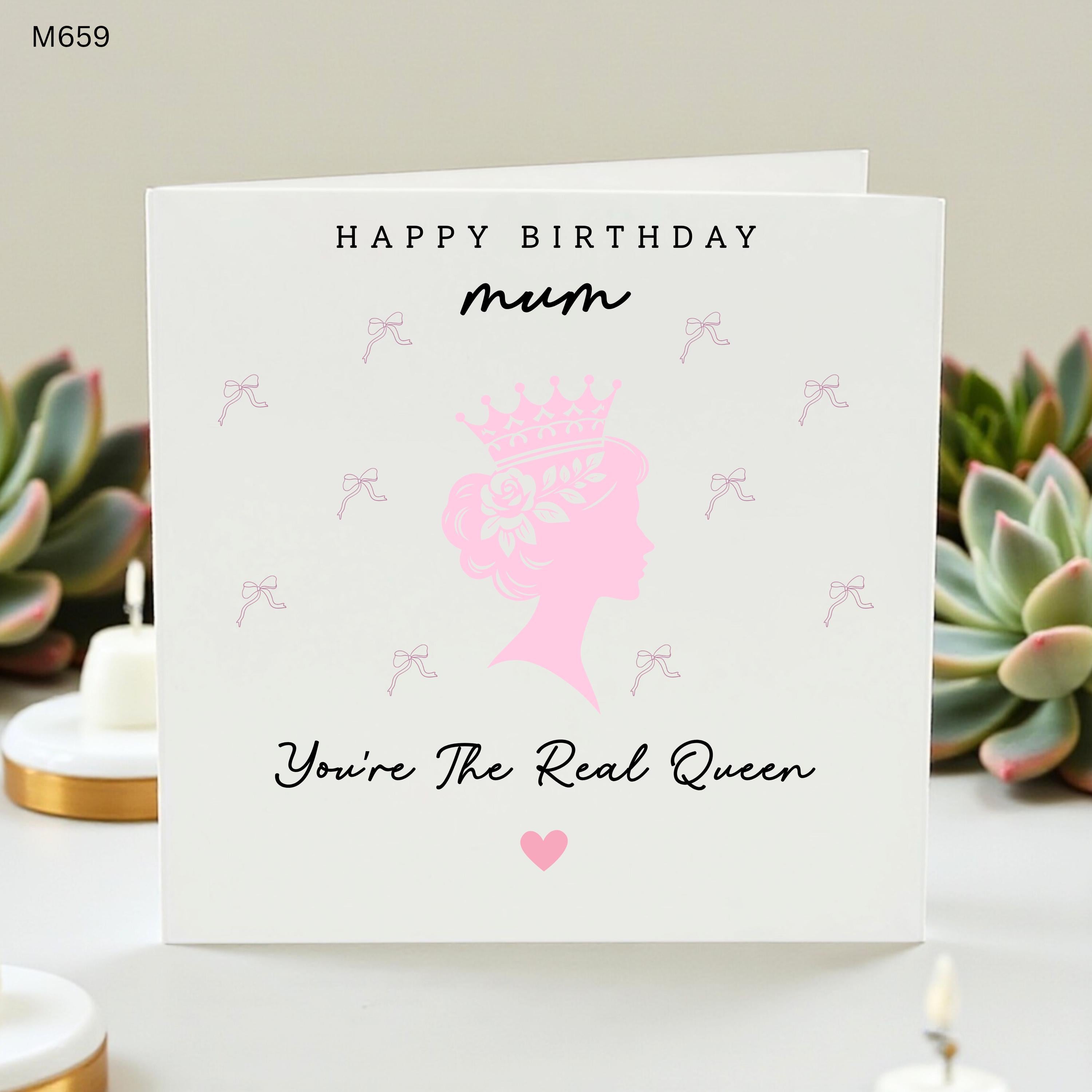 Happy Birthday Mum Card, Pink Queen Crown Birthday Card for Mother, Cute Card for Her, Birthday Gift for Mom, Youre The Real Queen Card