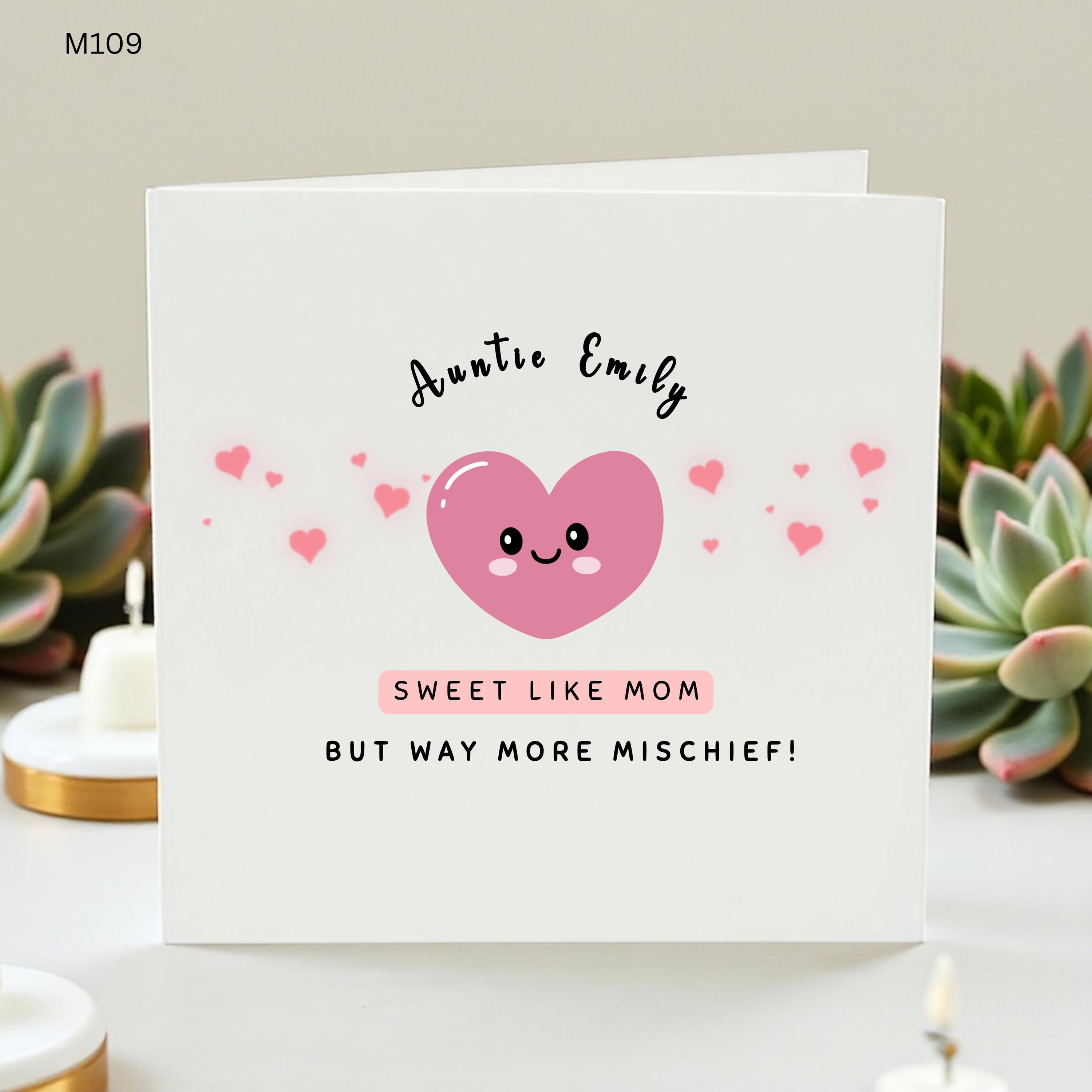 Personalised Auntie Birthday Card, Cute Aunt Card From Niece Nephew, Funny Sweet Like Mom Card, Kawaii Heart Custom Auntie Emily Card