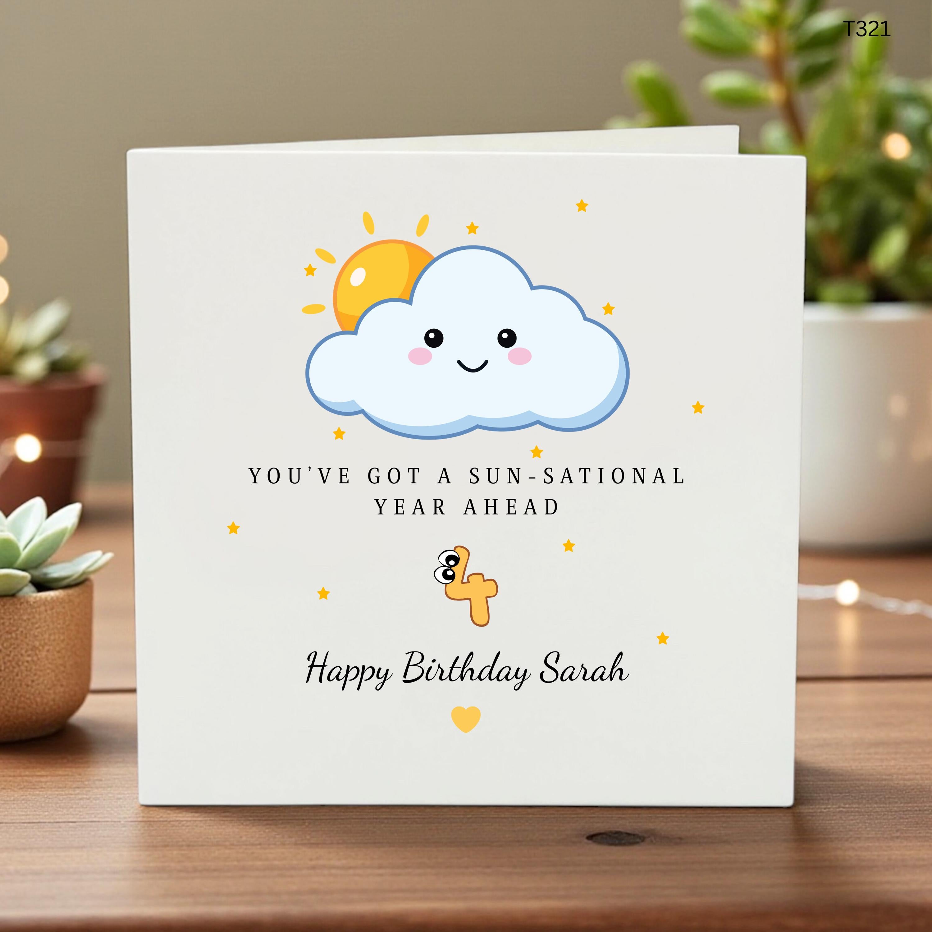 Personalised 4th Birthday Card, Cute Sunshine Birthday Card for Girl, Custom Name Age 4 Card, Sun Cloud Card for Daughter