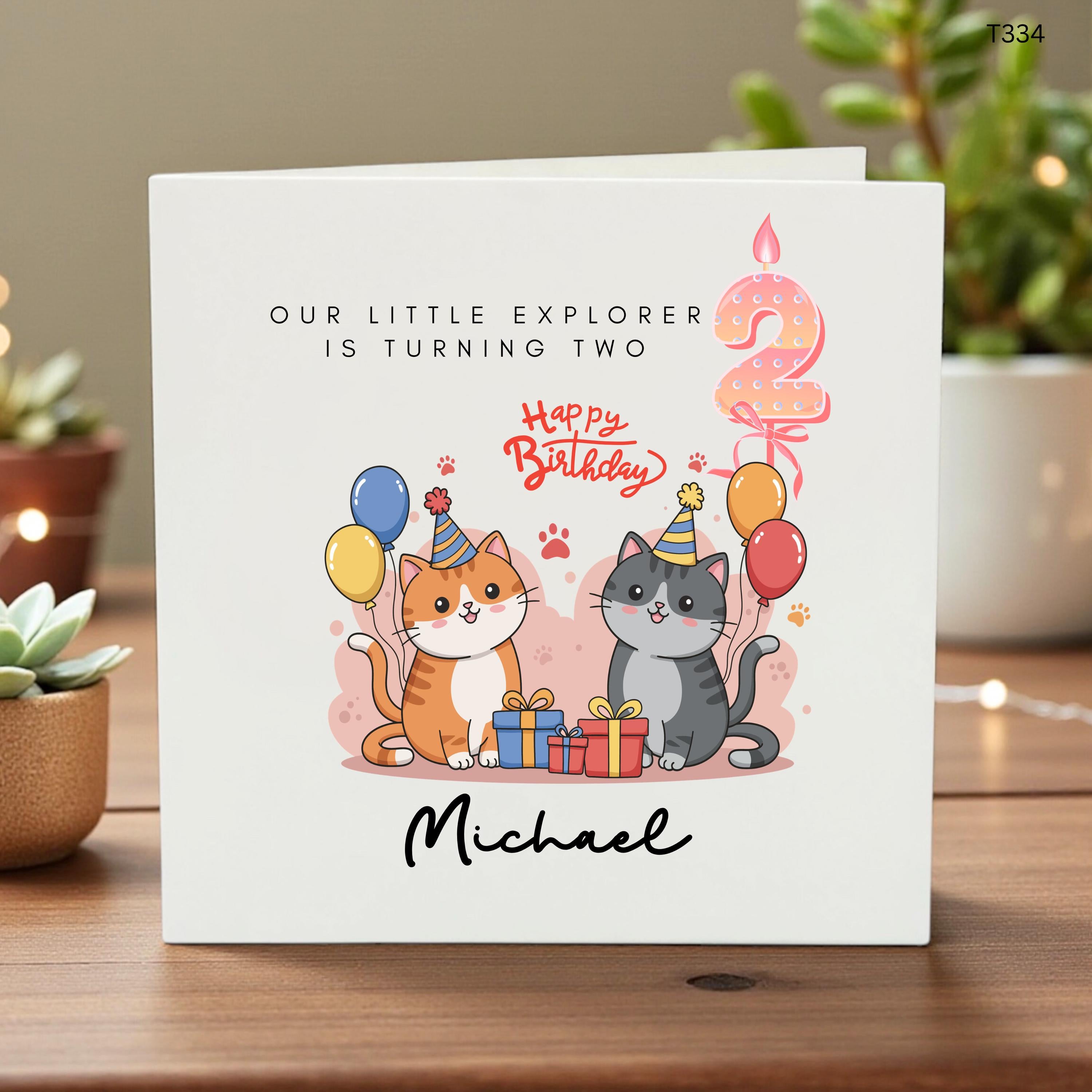 Personalised 2nd Birthday Card, Cute Cat Birthday Card, Our Little Explorer Is Turning Two, Boys Age 2 Card, Custom Name Card