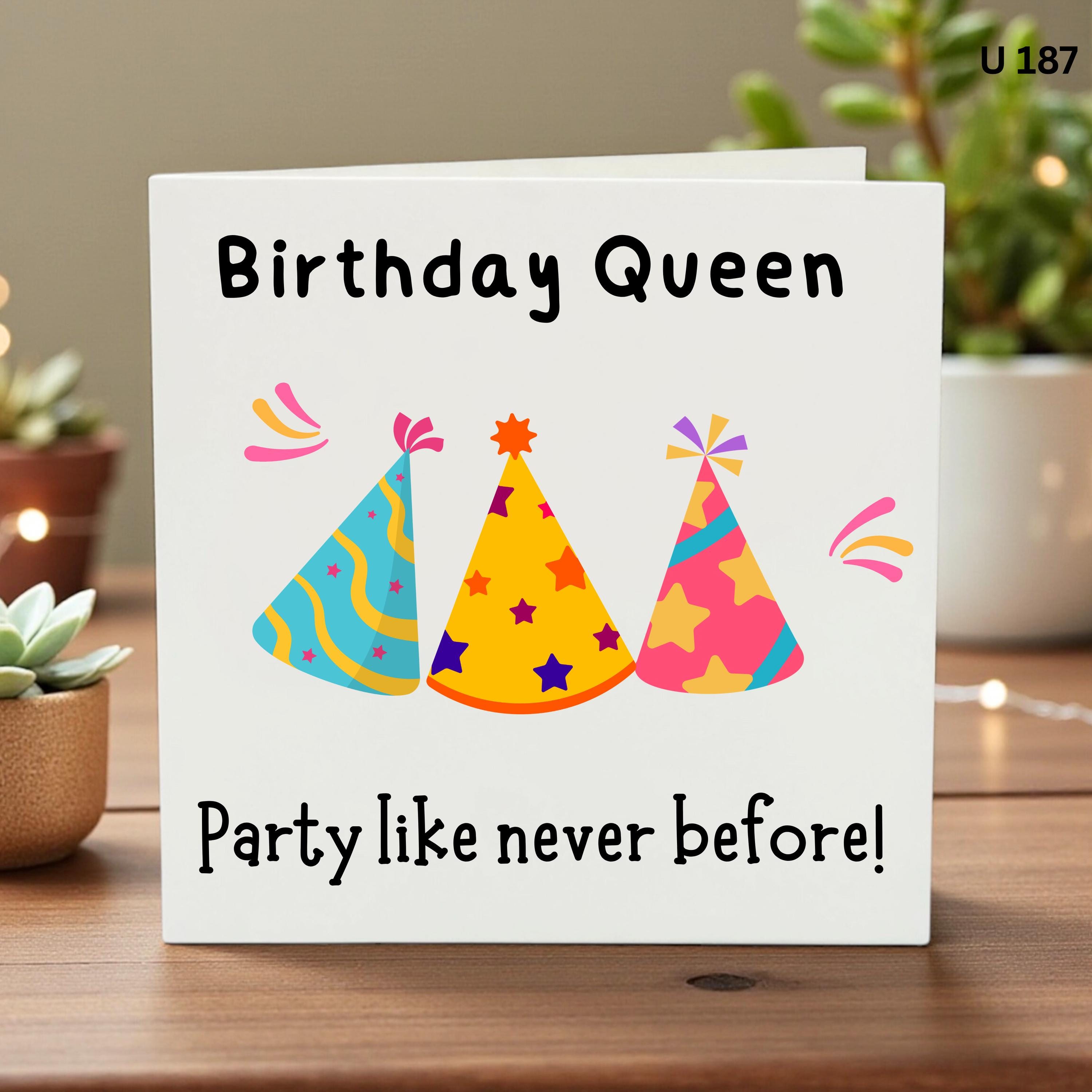 Birthday Queen Card, Fun Party Hat Birthday Card for Her, Cute Girlfriend Sister Friend Daughter Birthday Card Personalised Celebration Card