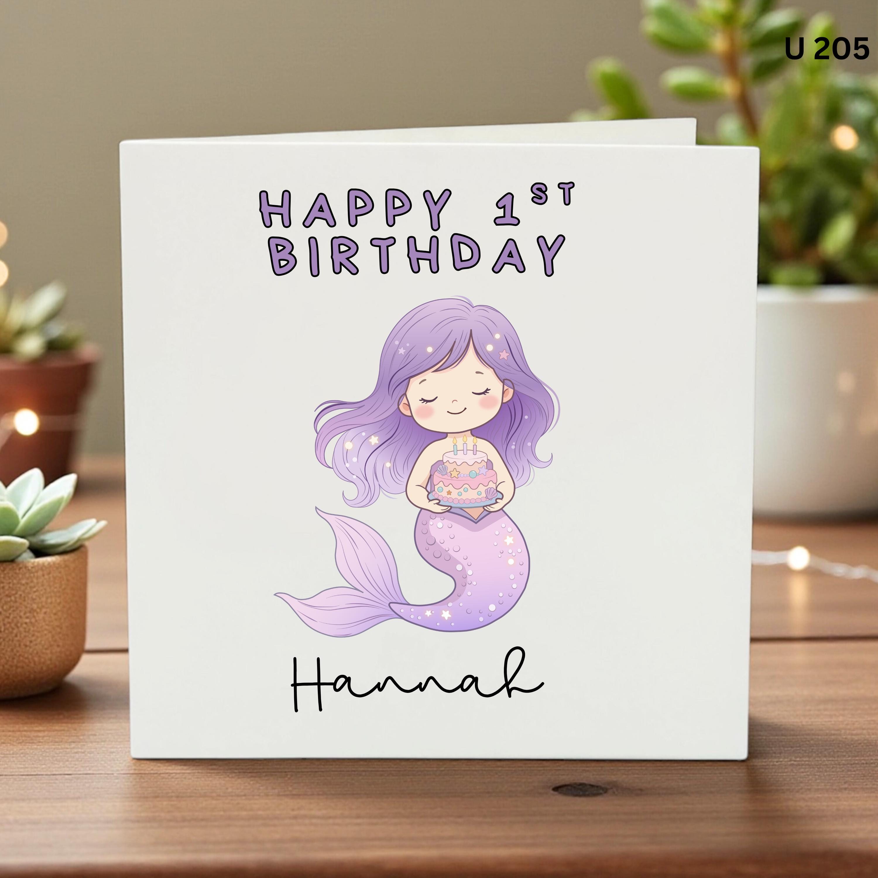 Personalised Mermaid 1st Birthday Card for Girl, Cute First Birthday Card, Daughter Granddaughter Niece Custom Name Card