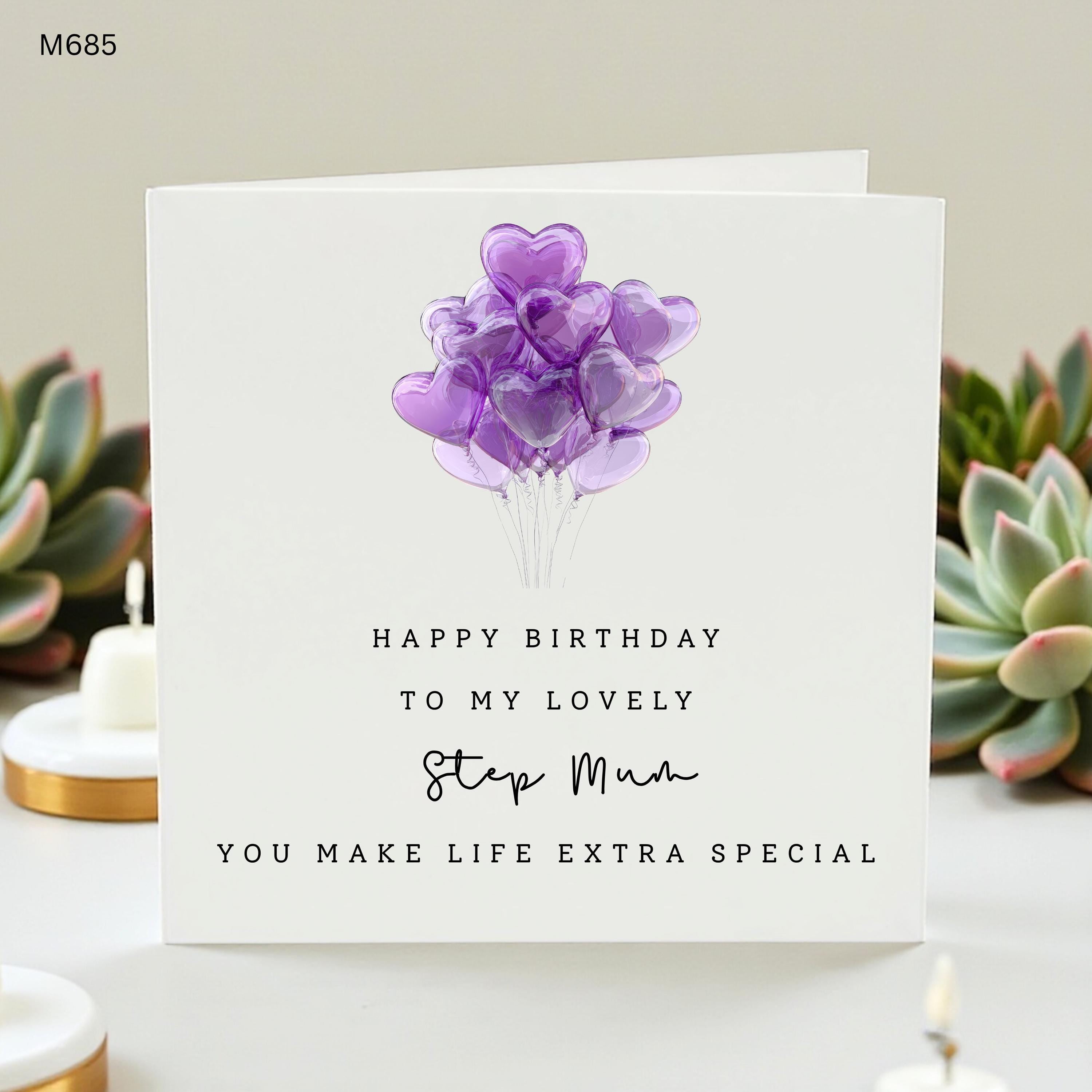Step Mum Birthday Card, Happy Birthday Step Mum, To My Lovely Stepmother, Purple Heart Balloons Card, Special Step Mom Gift, Cute Card