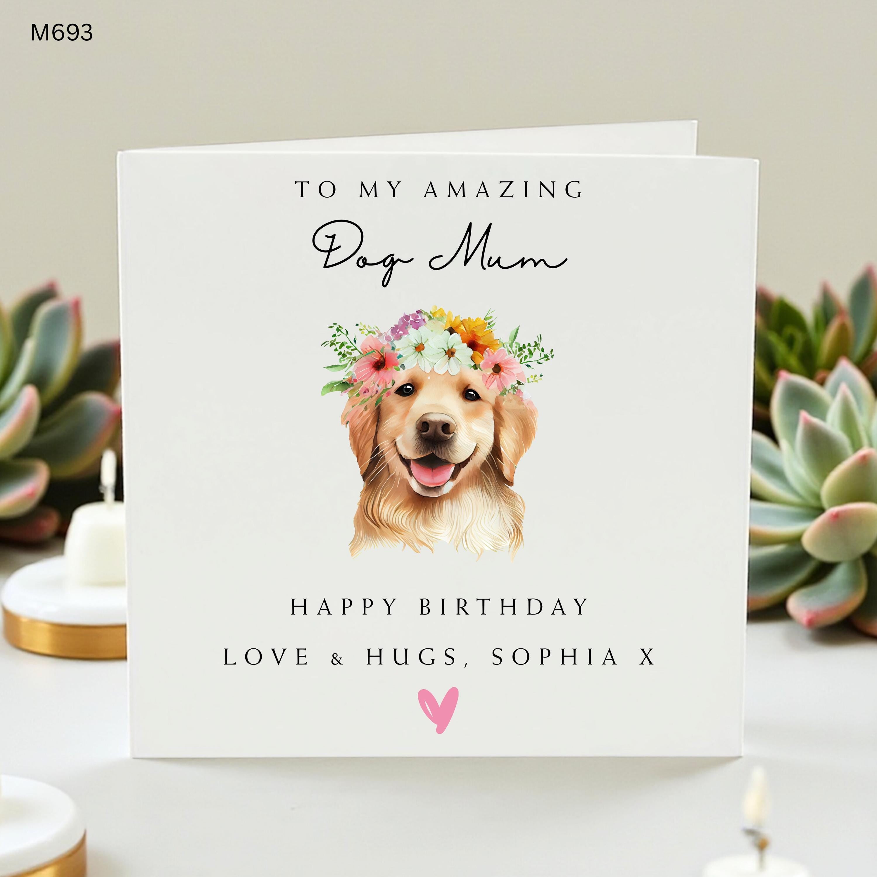 Personalised Dog Mum Card, Happy Birthday Dog Mum, Golden Retriever Card, Birthday Card from Dog, Custom Dog Mom Gift, Flower Crown Dog Card