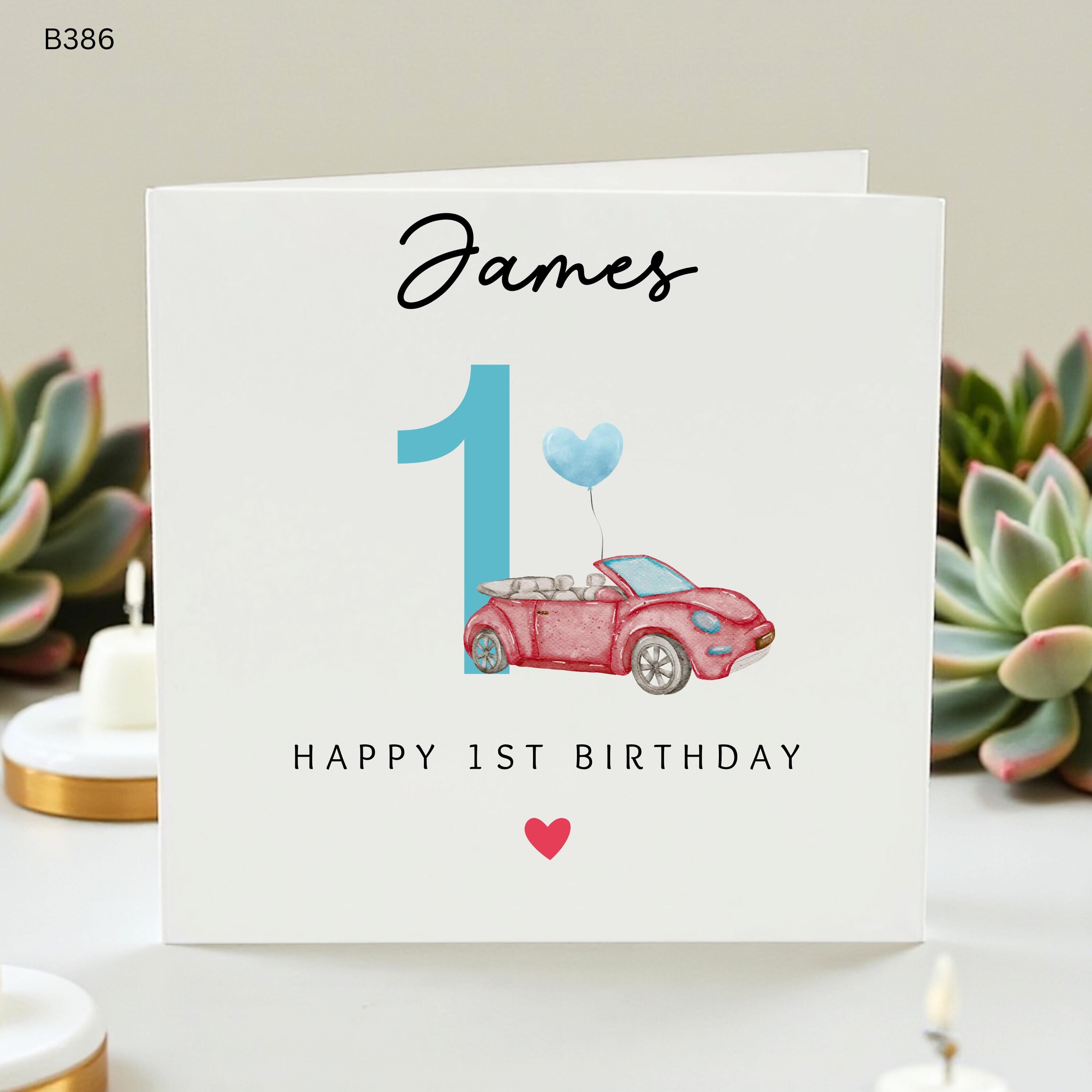Personalised Boy 1st Birthday Card with Red Car, Custom Name Happy First Birthday Card for Son Grandson, Watercolor Car Card for Toddler