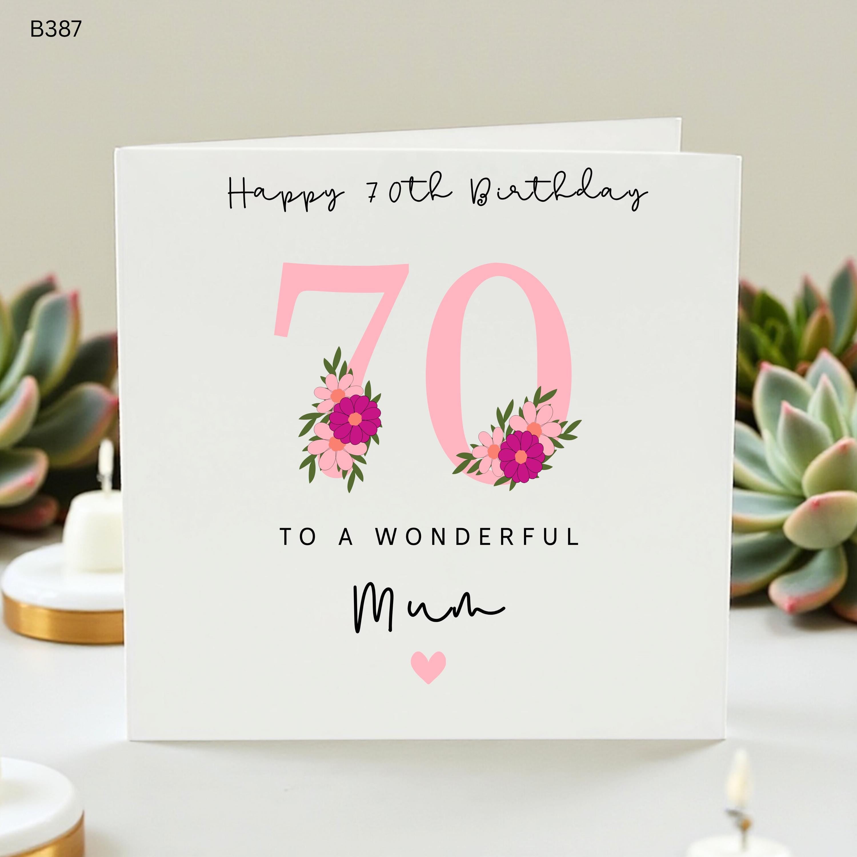 Happy 70th Birthday Card for Mum, Personalised Floral 70 Birthday Card for Her, Special Seventy Card for Grandma Nana, Elegant Pink Flower