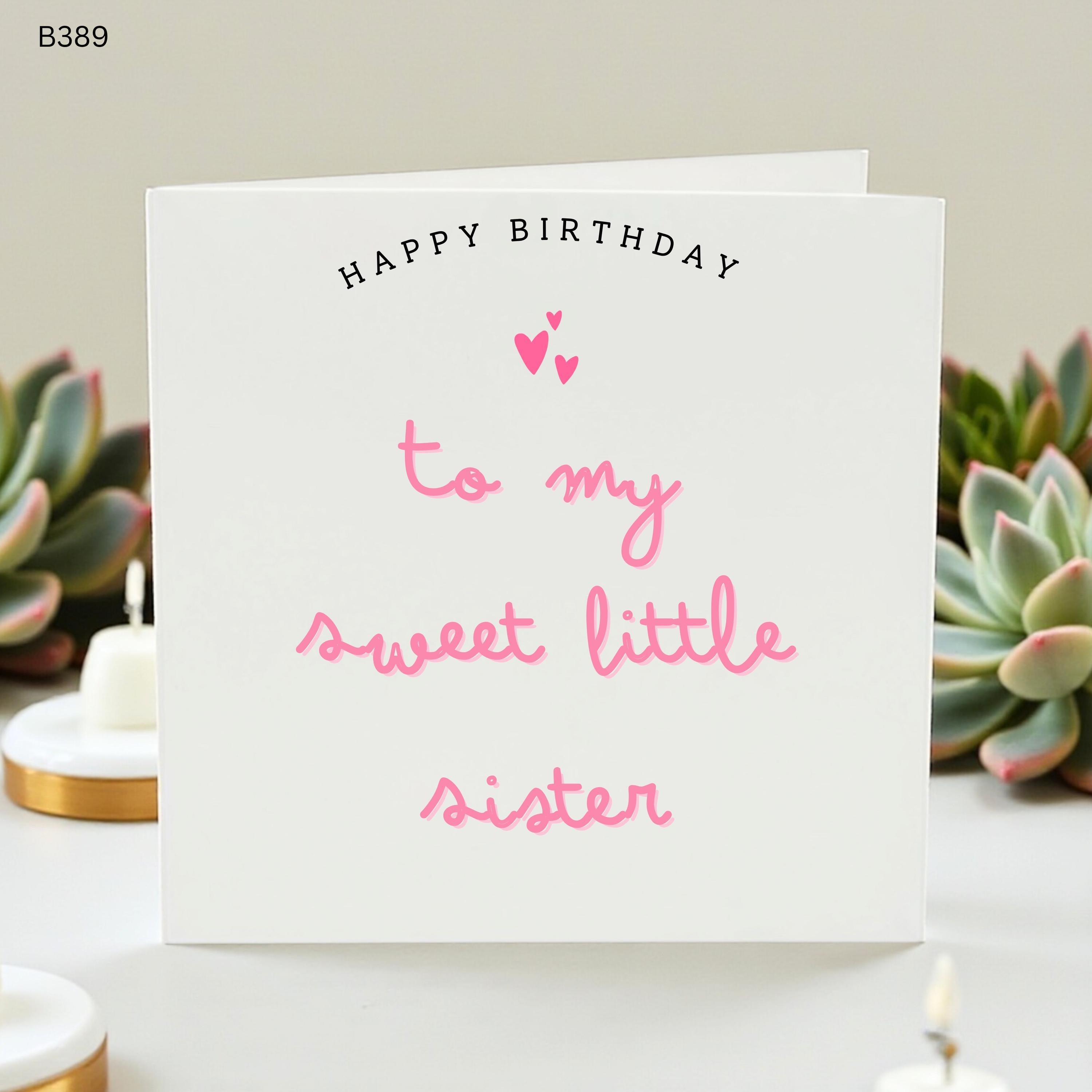 Happy Birthday Card for Little Sister, Sweet Sister Birthday Card with Pink Hearts, Cute Hand Lettered Card for Younger Sister, Meaningful