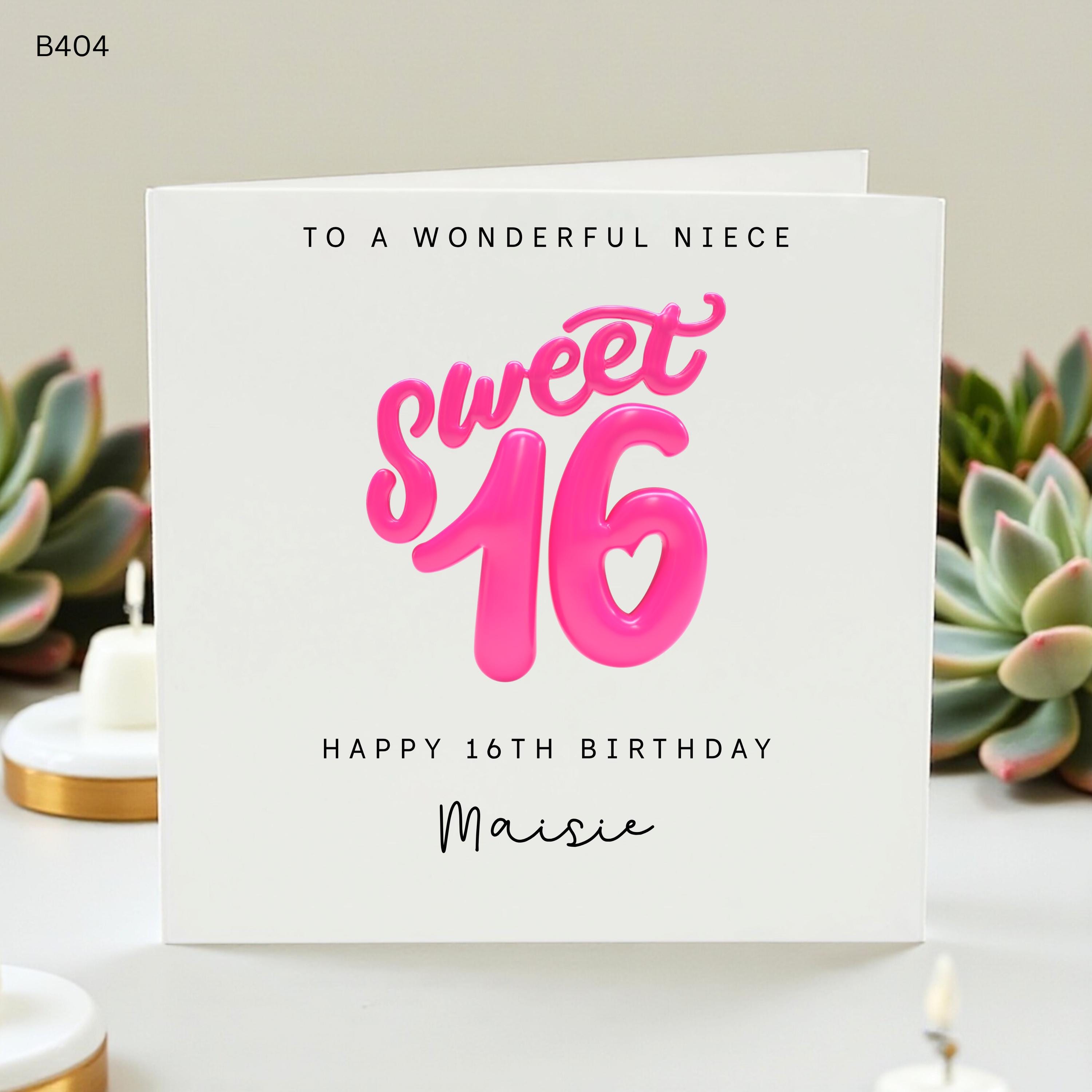 Personalized Sweet 16 Birthday Card for Niece, Custom 16th Birthday Card Maisie, 3D Look Pink Bubble Text Greeting Card, Sixteen Birthday