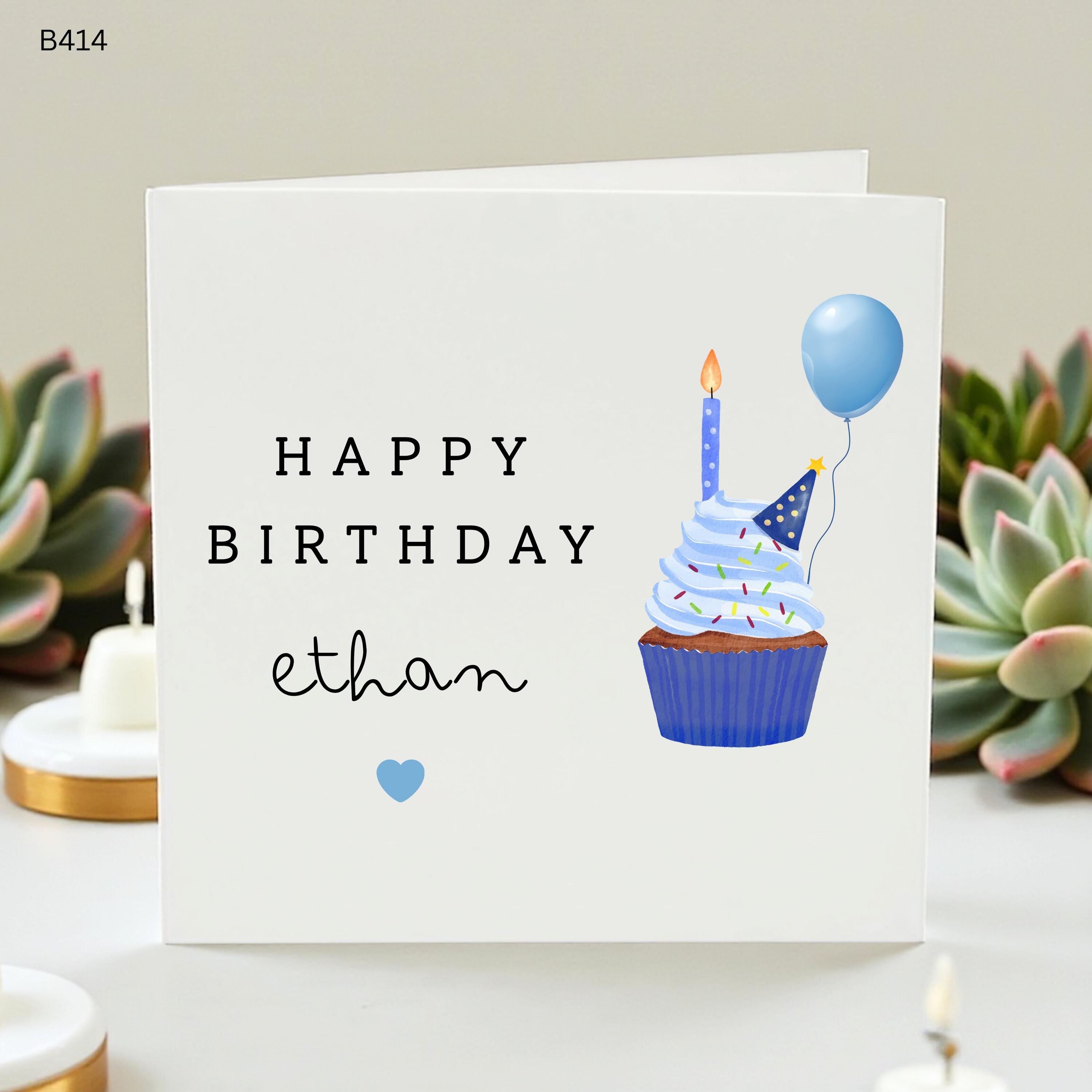 Personalized Birthday Card for , Custom Boy Birthday Card, Cute Cupcake Birthday Card for Son, Milestone Birthday Card, Ethan Birthday Gift