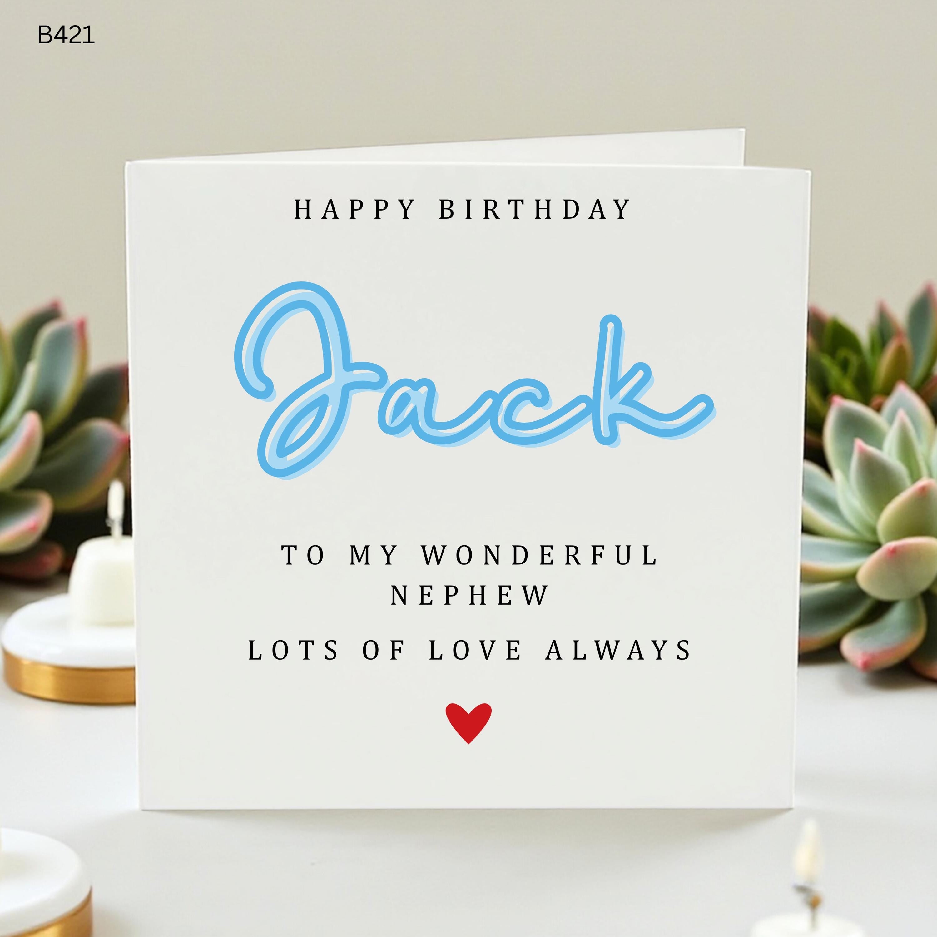 Personalized Nephew Birthday Card, Custom Name Jack Greeting Card, Cute Blue Script Card for Wonderful Nephew, Special Nephew Gift Idea
