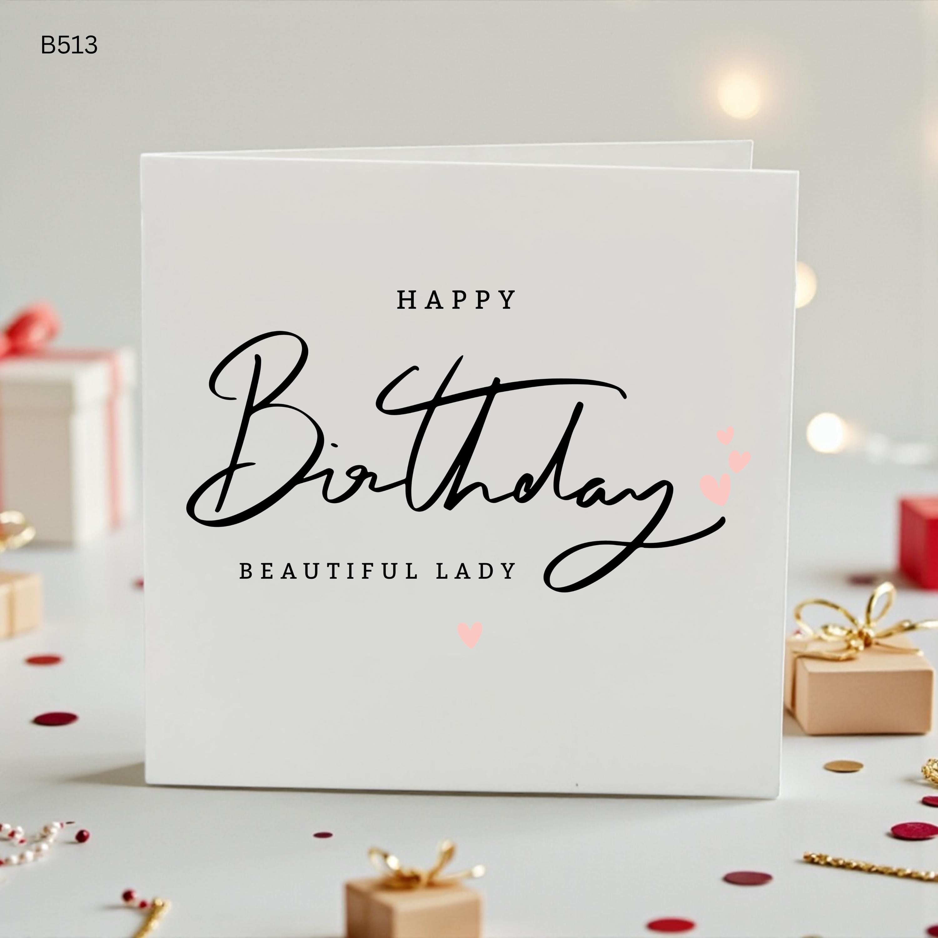 Beautiful Lady Birthday Card for Her, Elegant Minimalist Birthday Card, Personalised Wife Mum Sister Girlfriend Card, Pink Heart Card