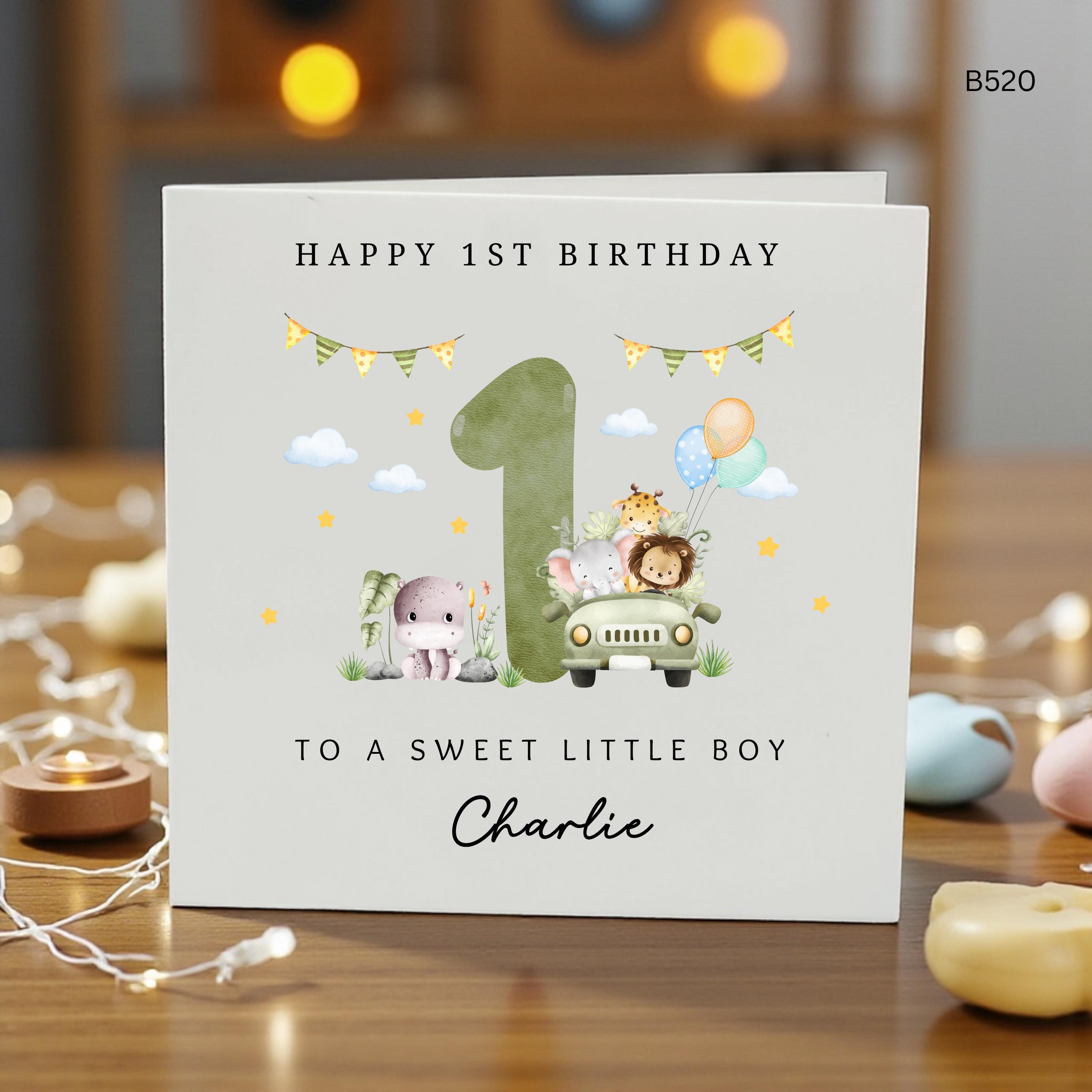 Personalised 1st Birthday Card for Boy, Safari Animal Birthday Card, Jungle First Birthday Card, Son Grandson Nephew Card