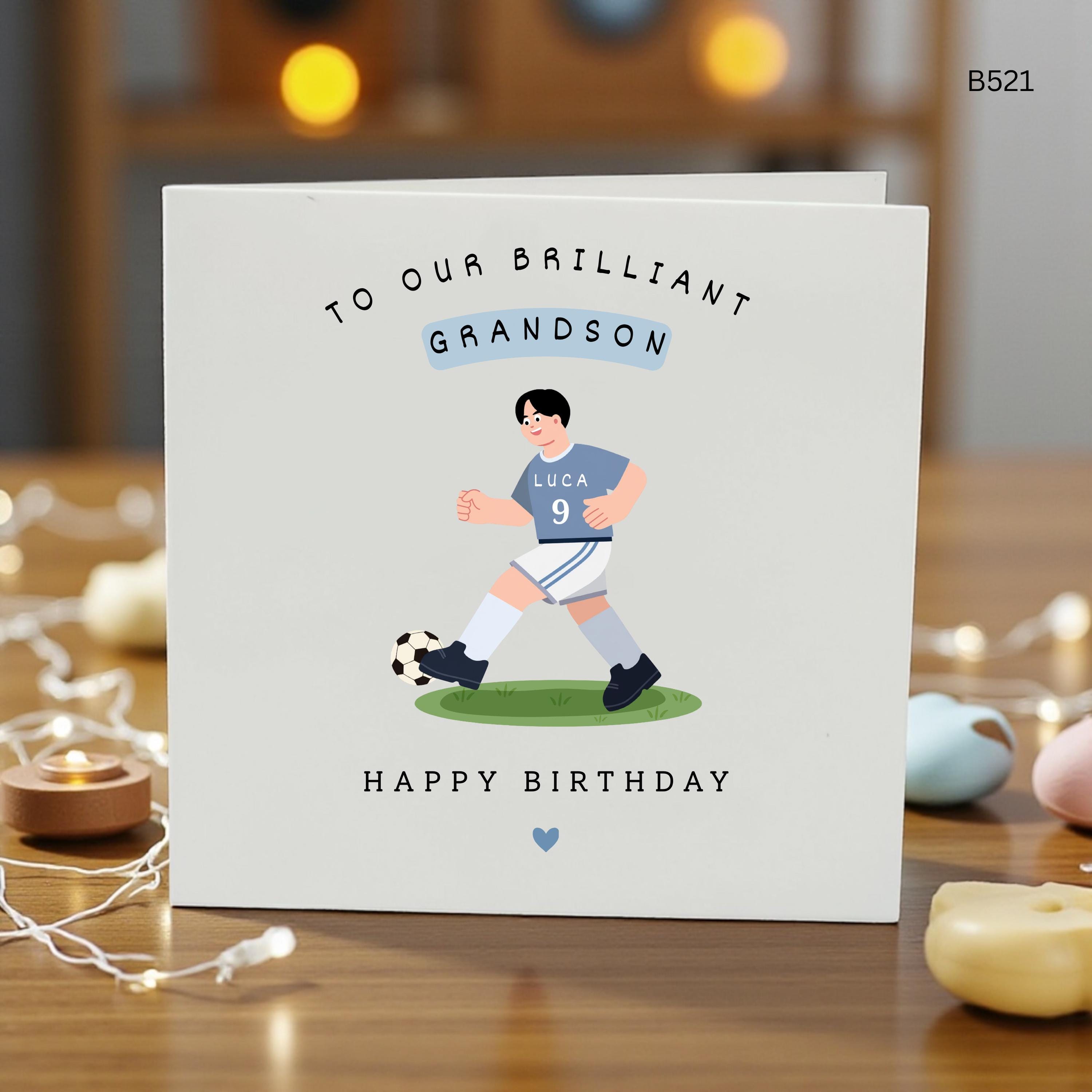 Personalised Grandson Birthday Card, Football Birthday Card for Boy, Sports 9th Birthday Card, Custom Name Grandson Card