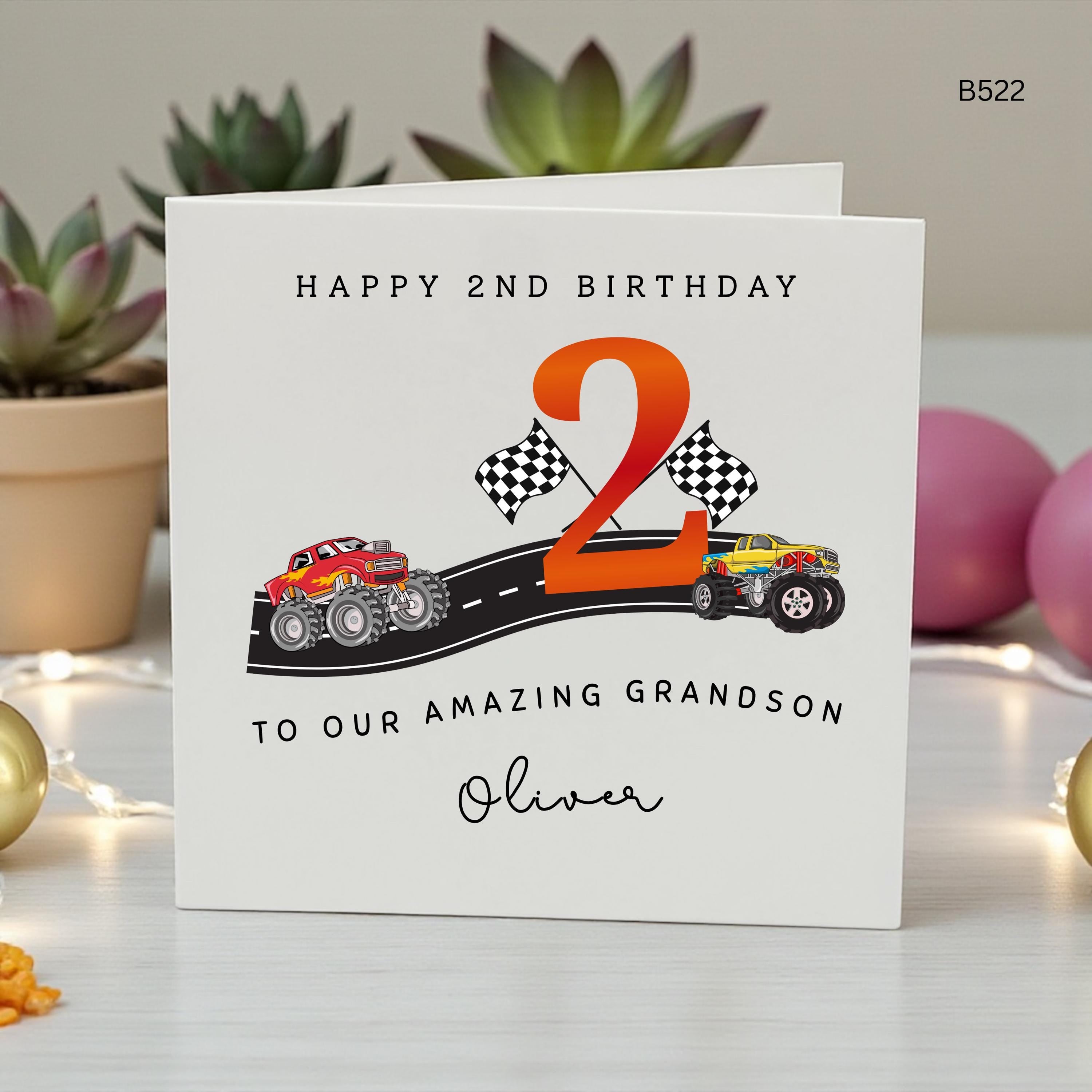 Personalised 2nd Birthday Card for Grandson, Monster Truck Racing Car Age 2 Boys Birthday Card, Custom Name Toddler Keepsake Card