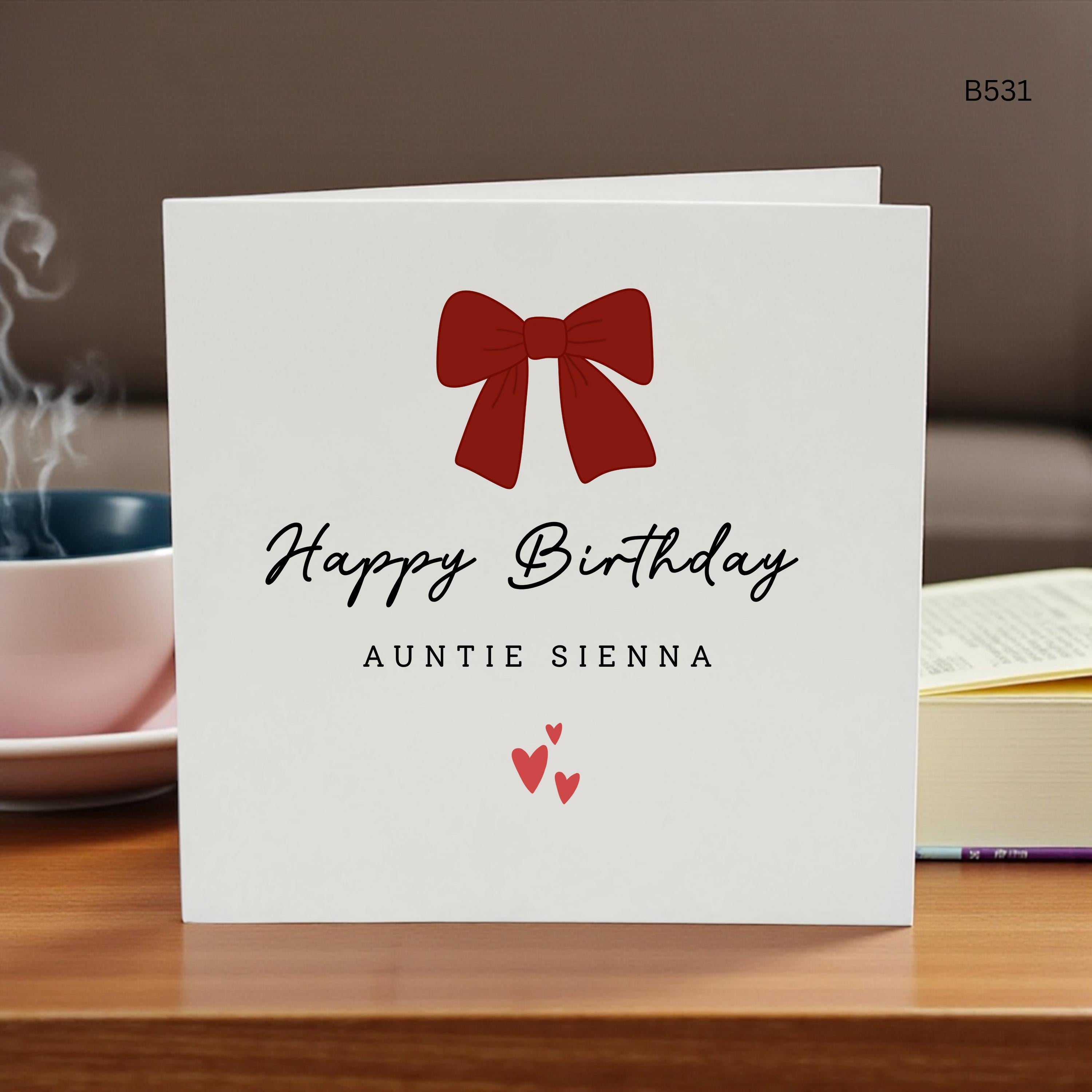 Personalised Auntie Birthday Card, Red Bow Birthday Card for Auntie, Custom Name Elegant Minimalist Card, Cute Auntie Card