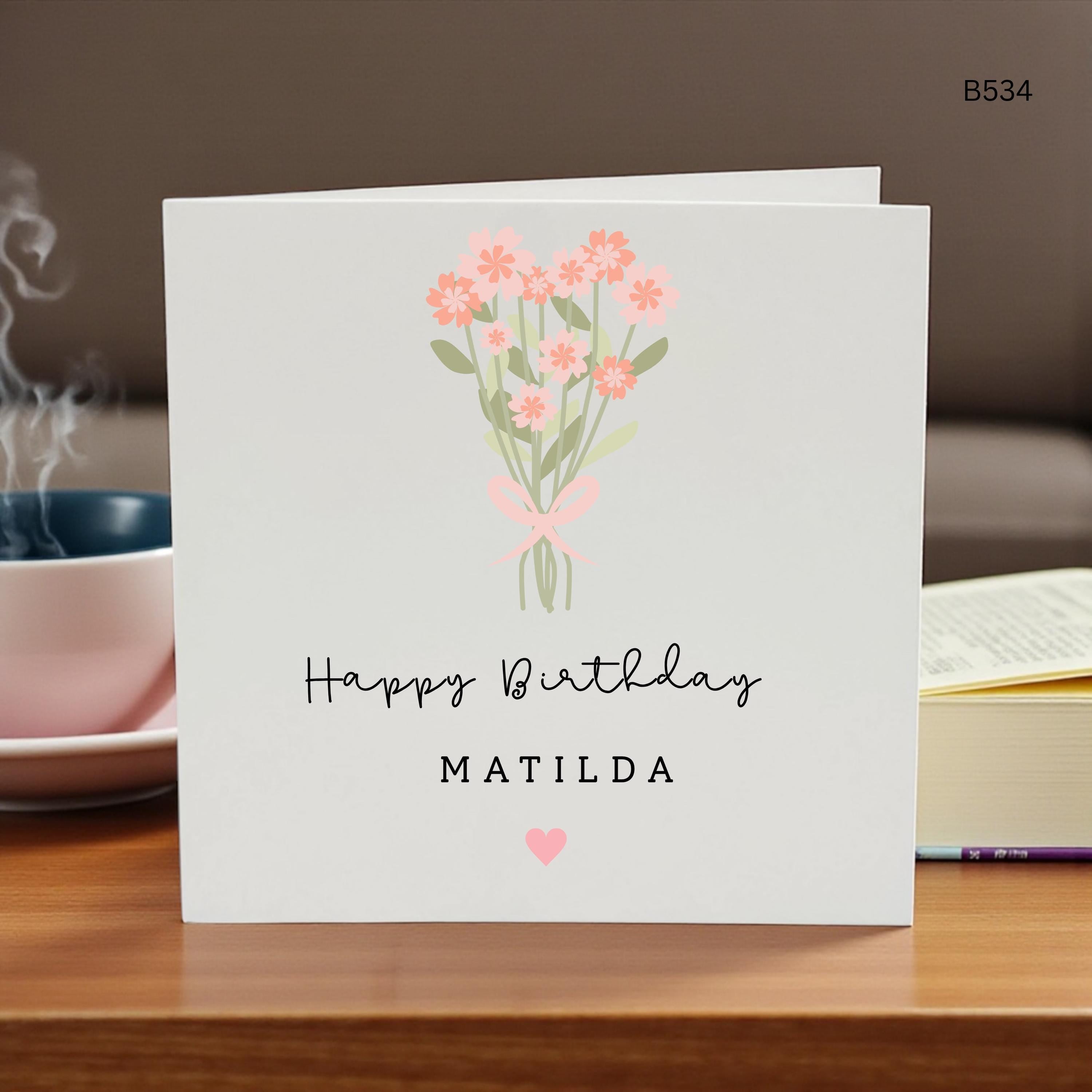 Personalised Birthday Card for Her, Custom Name Floral Bouquet Card, Pink Flower Minimalist Birthday Card, Elegant Keepsake Card