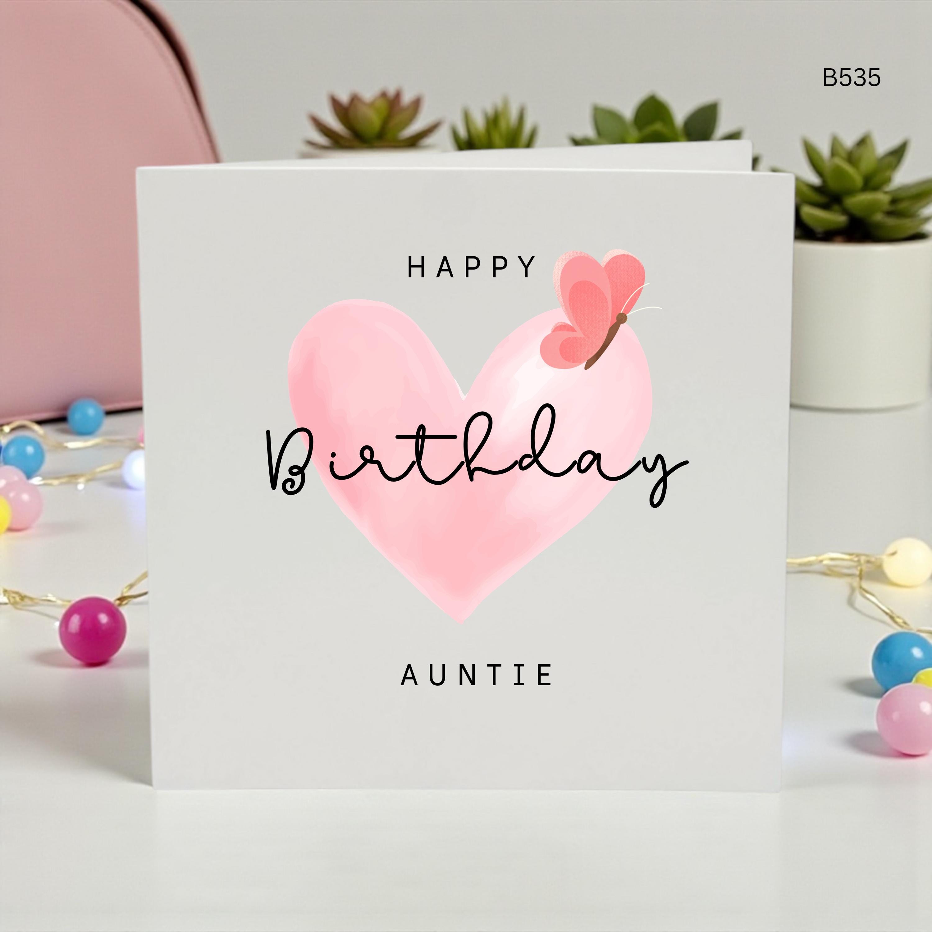 Auntie Birthday Card, Pink Heart Butterfly Birthday Card for Auntie, Personalised Cute Auntie Card, Minimalist Card From Niece Nephew
