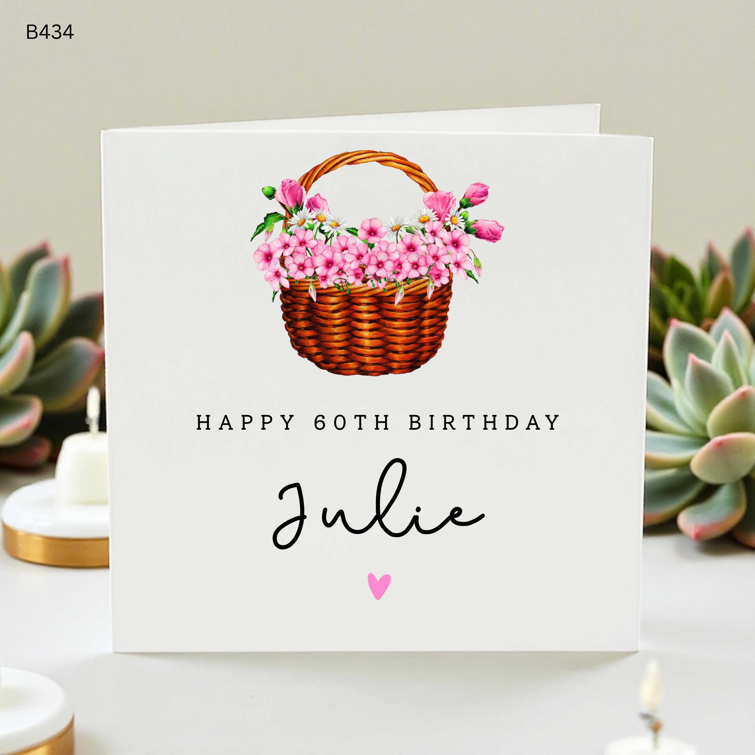 Personalized 60th Birthday Card for Her, Custom Name Sixtieth Birthday Gift, Floral Flower Basket Card for Women Mom Sister, Elegant Sixty