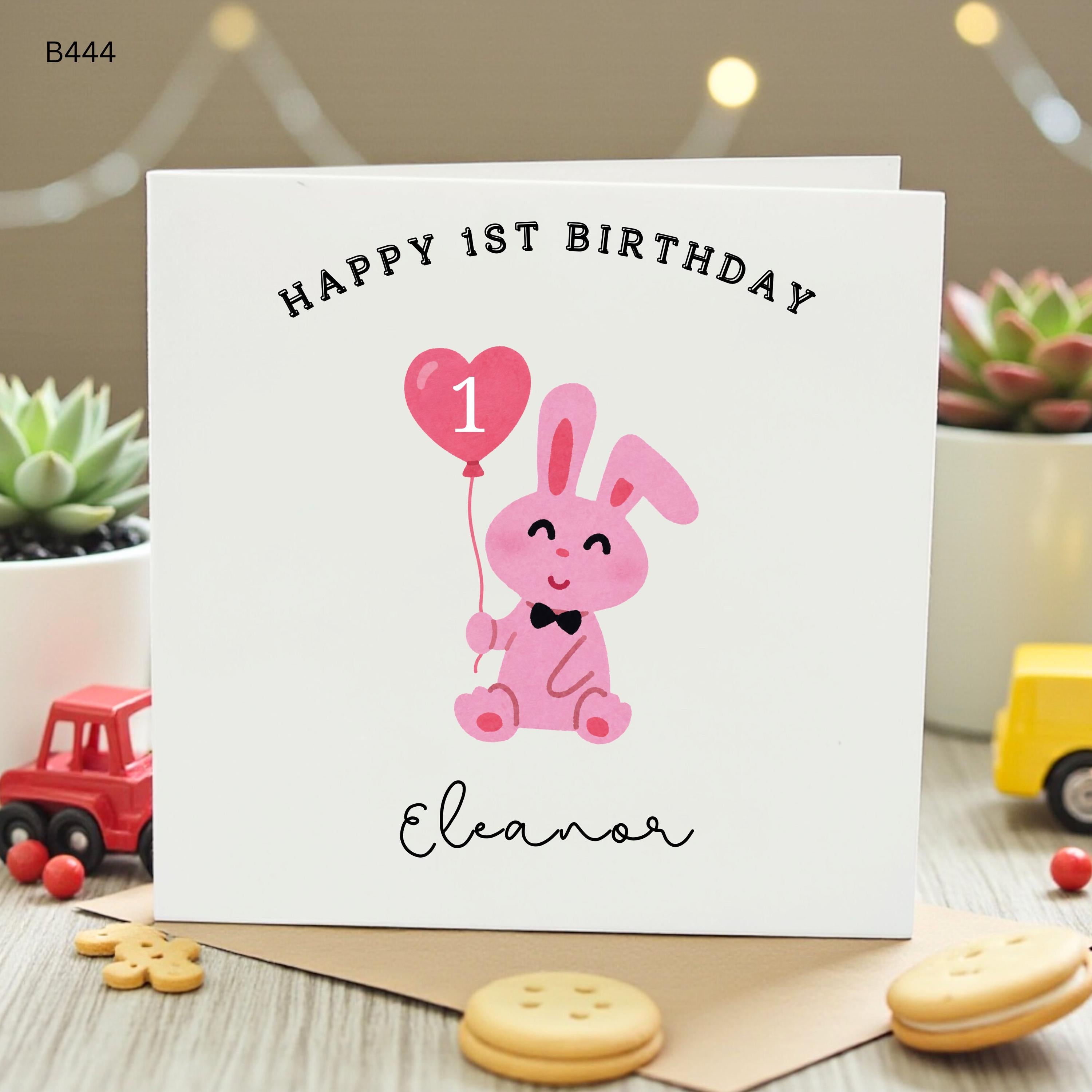 Personalised 1st Birthday Card, Cute Pink Bunny First Birthday Card for Girl, Baby Girl Birthday Card, Daughter Granddaughter Birthday Card