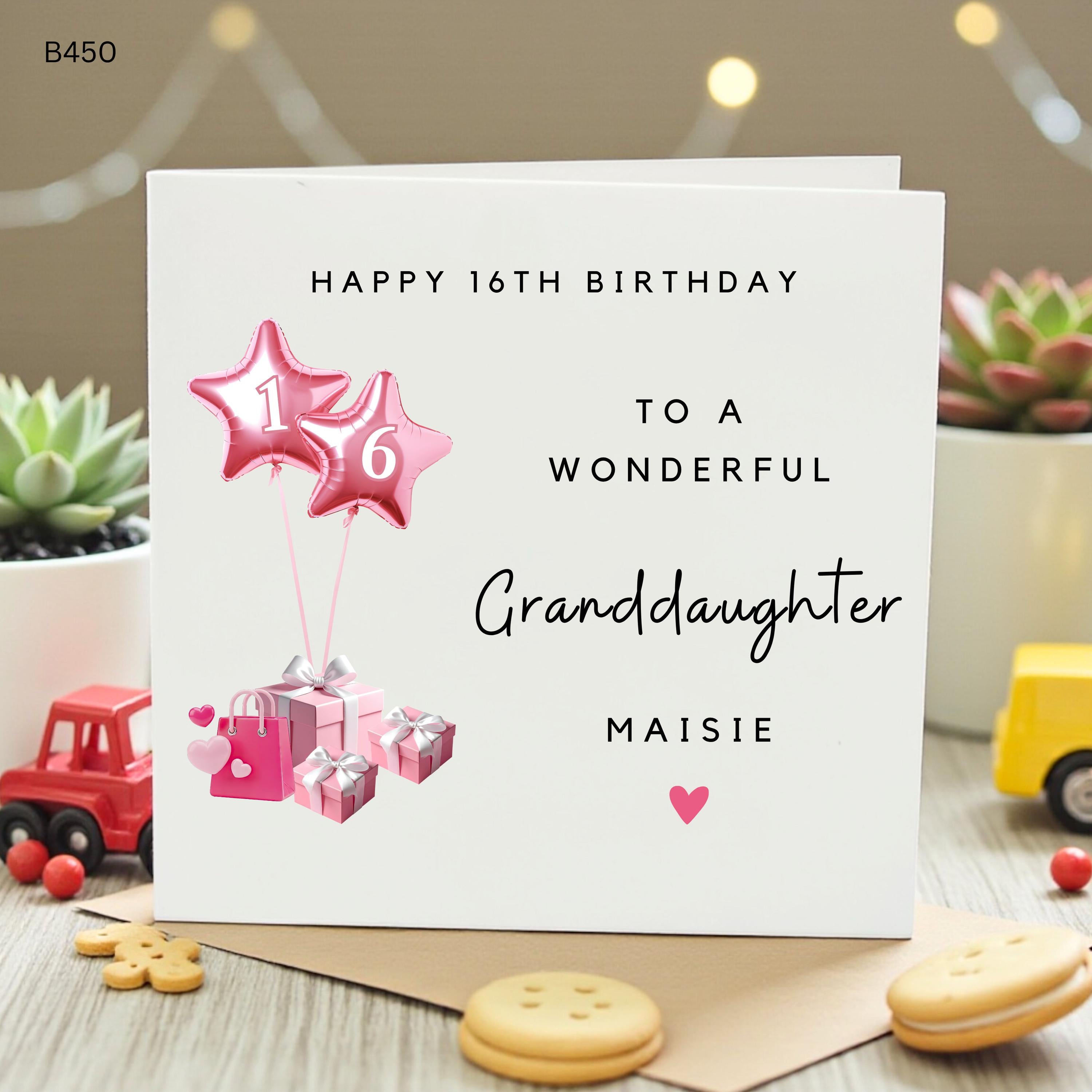 Personalised 16th Birthday Card for Granddaughter, Sweet Sixteen Pink Balloon Card, Custom Name Birthday Card for Her