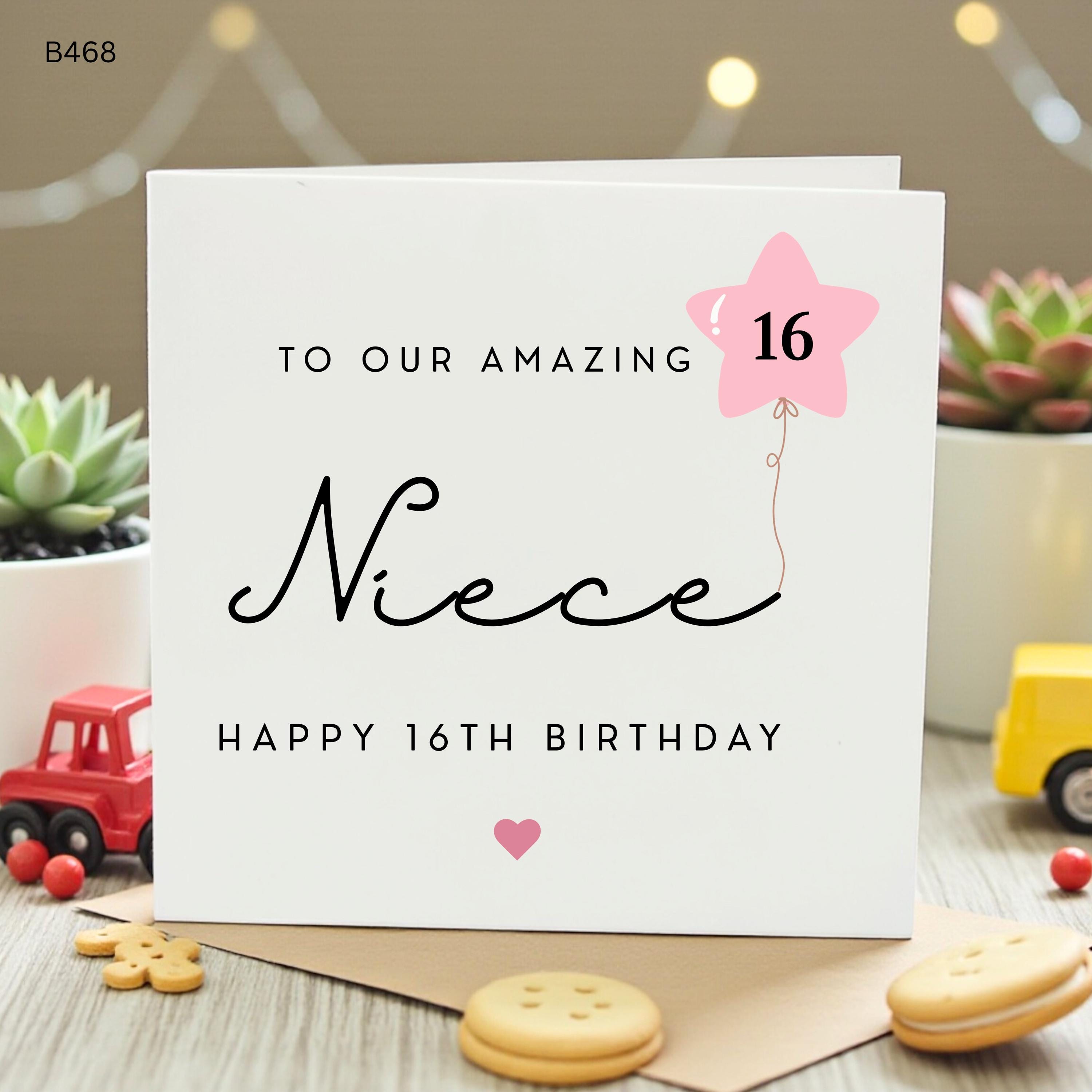 Personalised Niece 16th Birthday Card, Pink Star Balloon Sweet 16 Card, To Our Amazing Niece Birthday Card, Cute Teen Girl Card