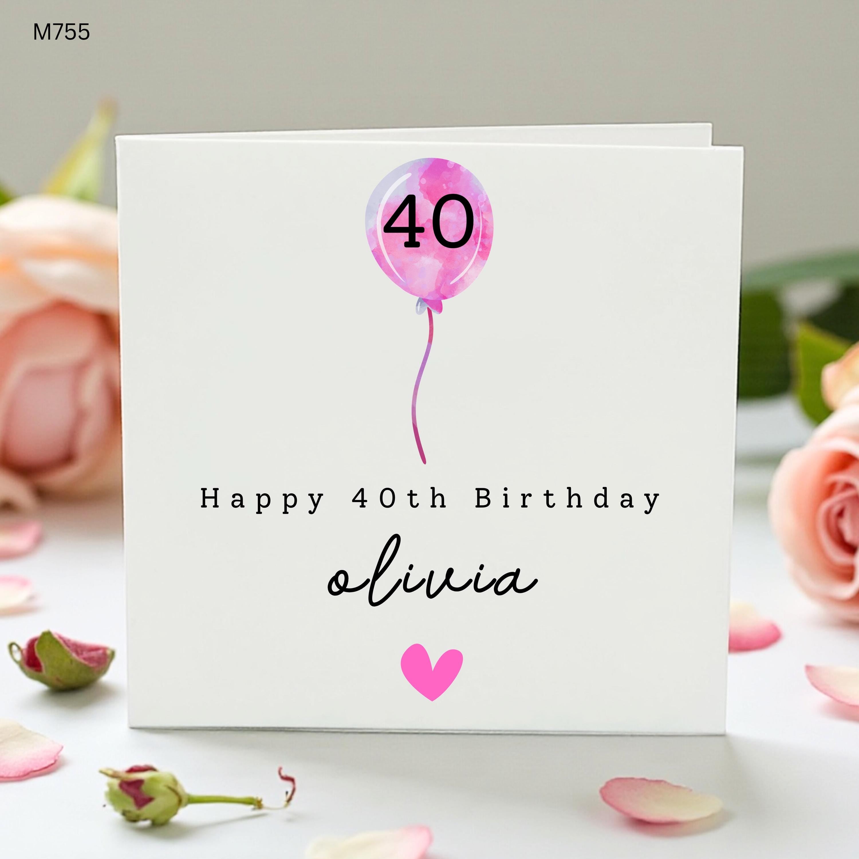 Personalised 40th Birthday Card, Pink Balloon Birthday Card for Her, Custom Name Milestone Card, 40th Card Daughter Sister Friend