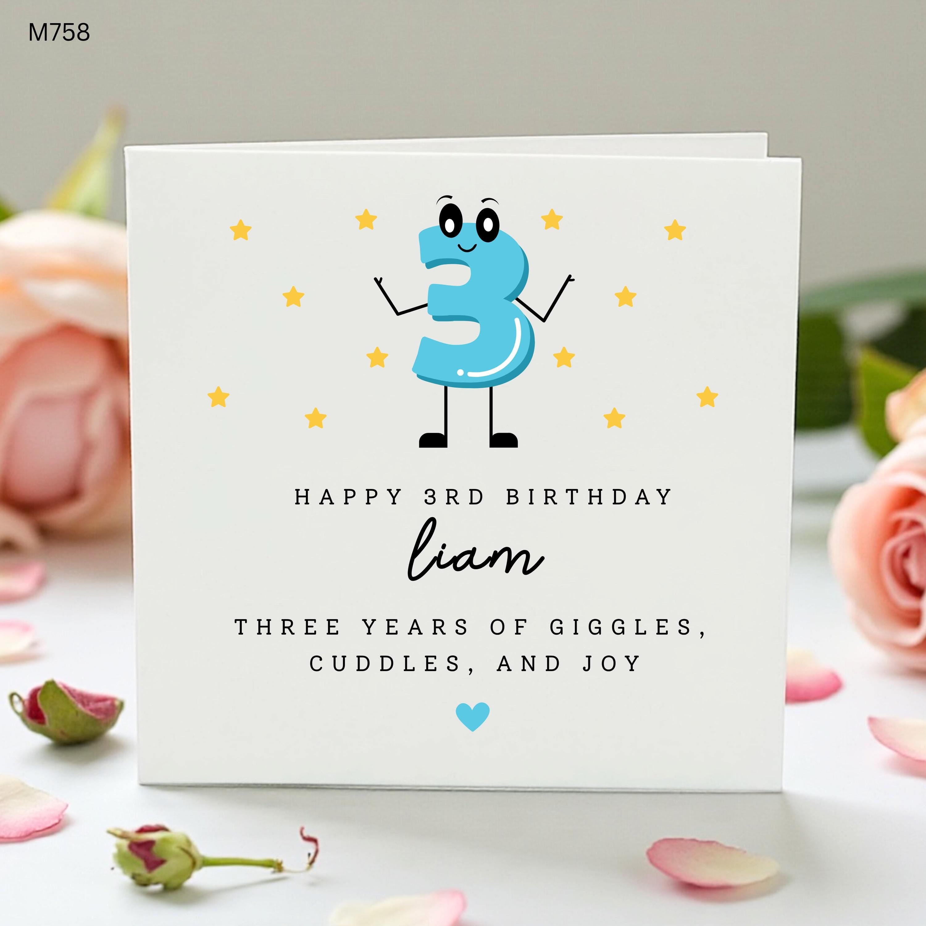 Personalised 3rd Birthday Card for Boy, Cute Number 3 Card, Custom Name Son Grandson Nephew Birthday Card, Blue Kids Birthday Card